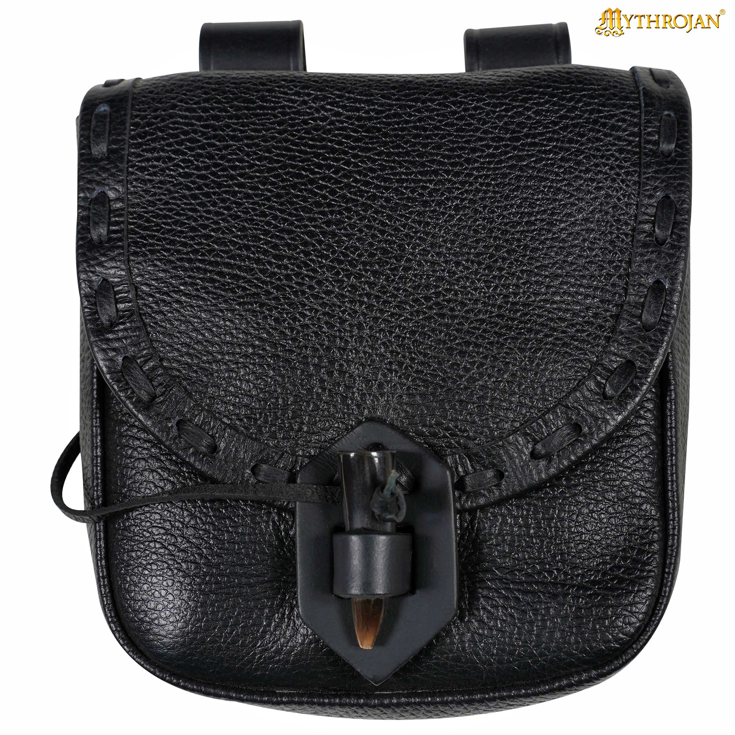 Mythrojan “The Adventurer’s” Belt Bag with Horn Toggle, ideal for SCA LARP reenactment & Ren fair, Full Grain Leather, Black 7”