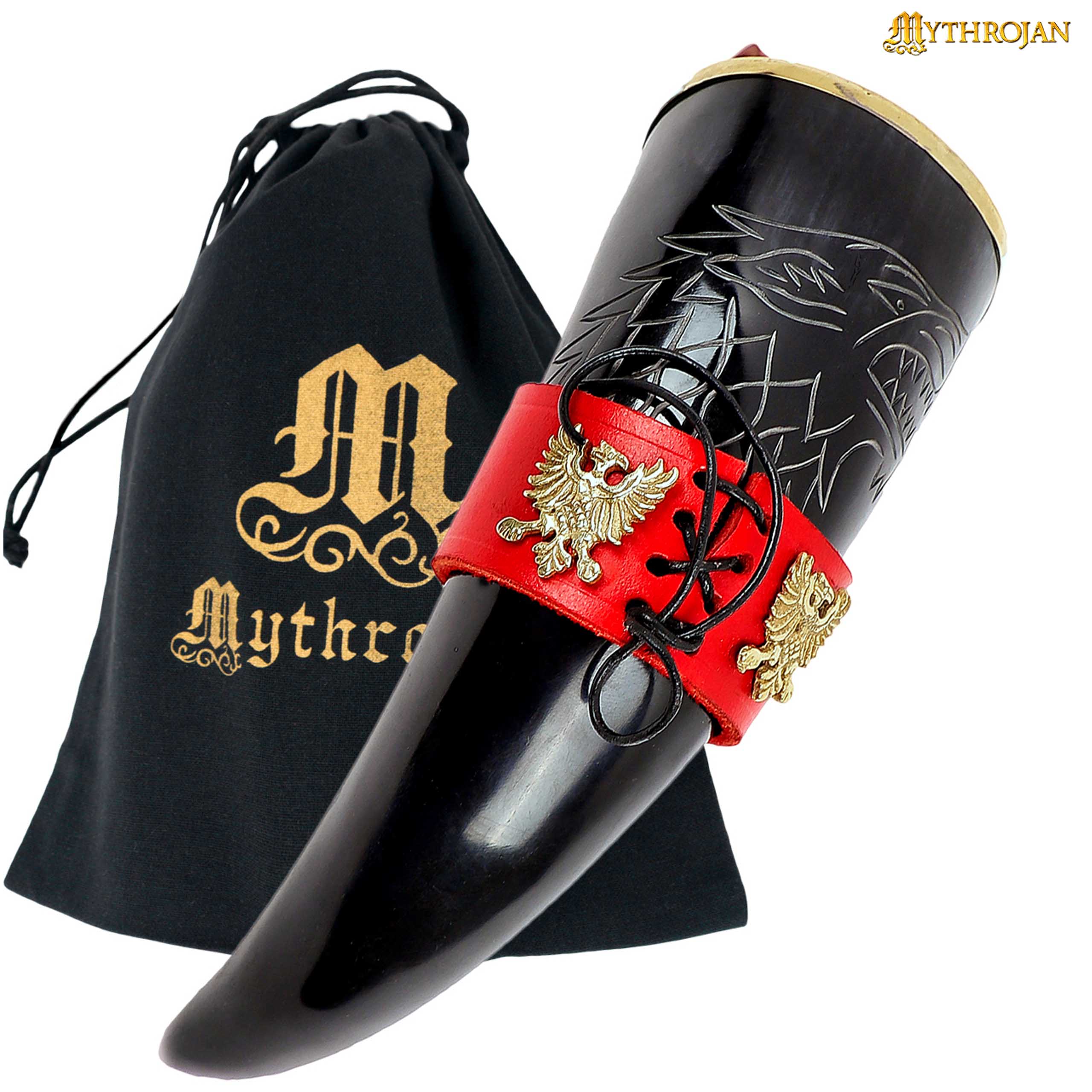 Mythrojan The King of The North - Viking Drinking Horn with Leather Holder - Polished Finish - 300 ML / with Red Leather Holder - 300ML