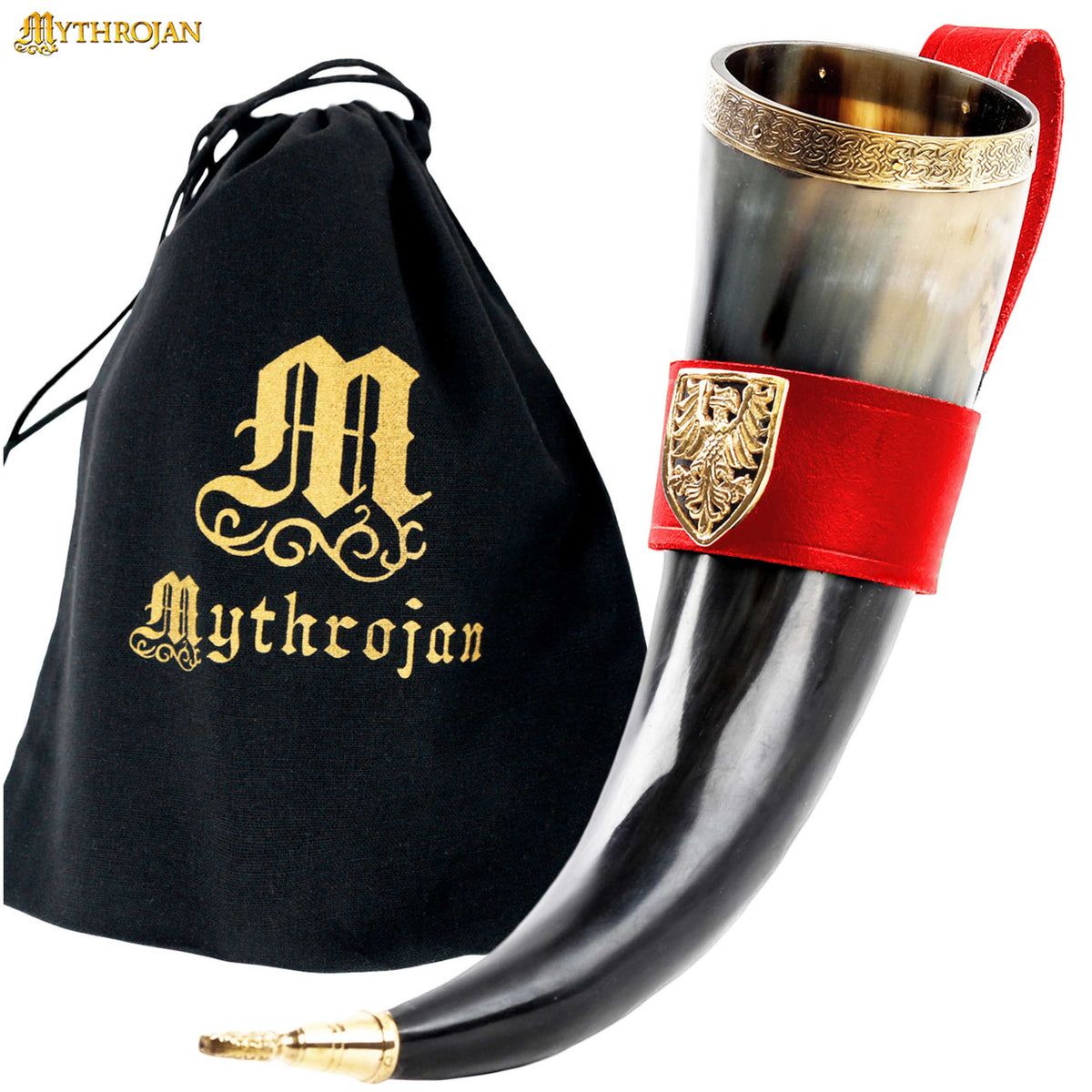 Mythrojan THE TOURNAMENT CHAMPION - Viking Drinking Horn with Brown Leather Holder Authentic Medieval Inspired Viking Wine/Mead Mug - Polished Finish
