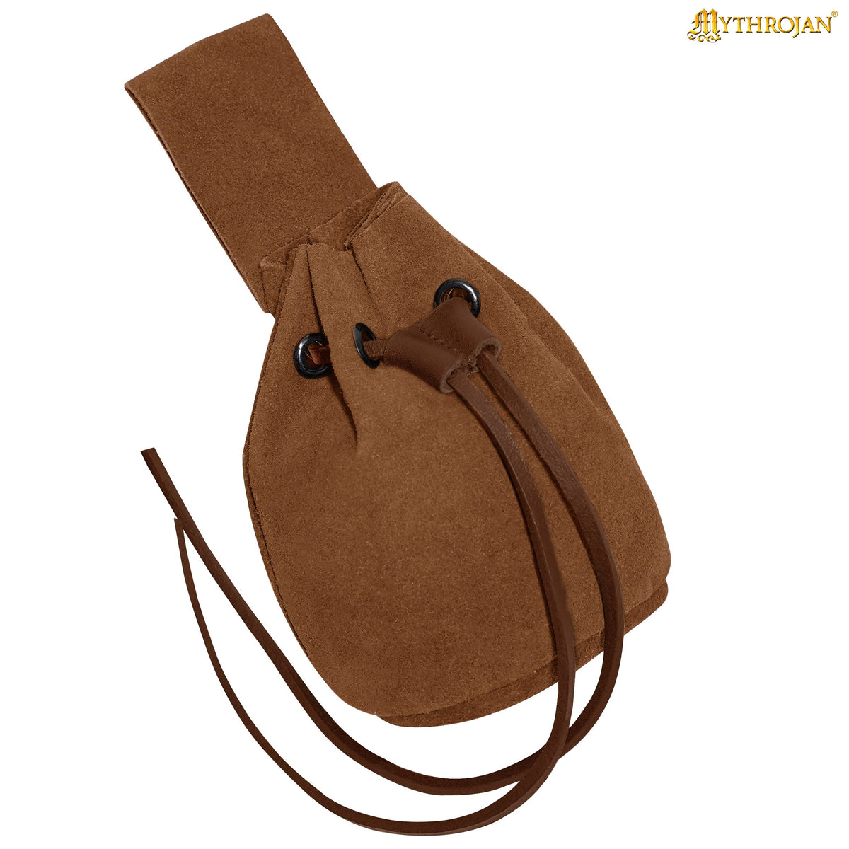 Mythrojan Medieval Drawstring Belt Bag, Ideal for SCA LARP Reenactment & Ren fair , Suede Leather , Black 6” ×5 ”