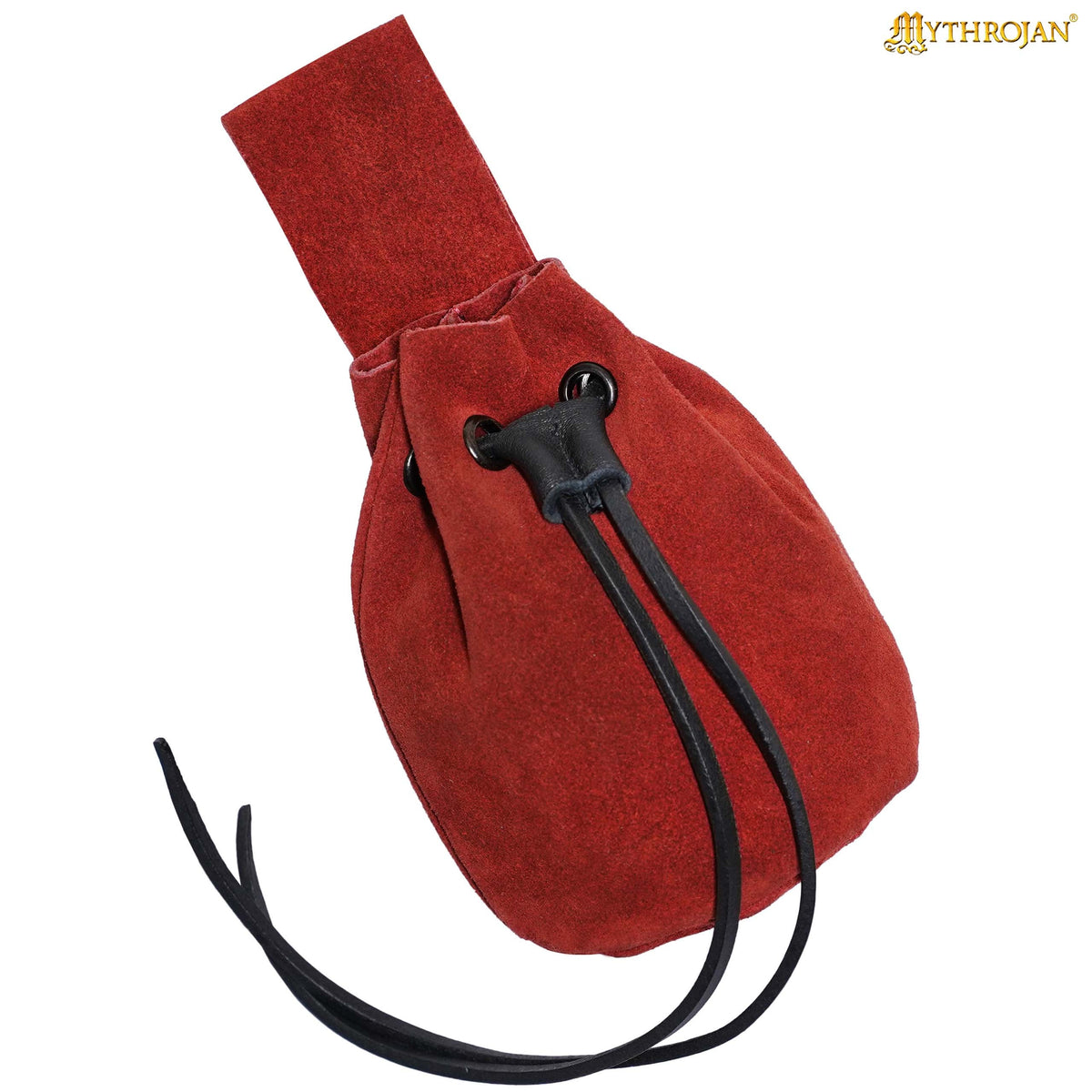 Mythrojan Medieval Drawstring Belt Bag, Ideal for SCA LARP Reenactment & Ren fair , Suede Leather , Black 6” ×5 ”