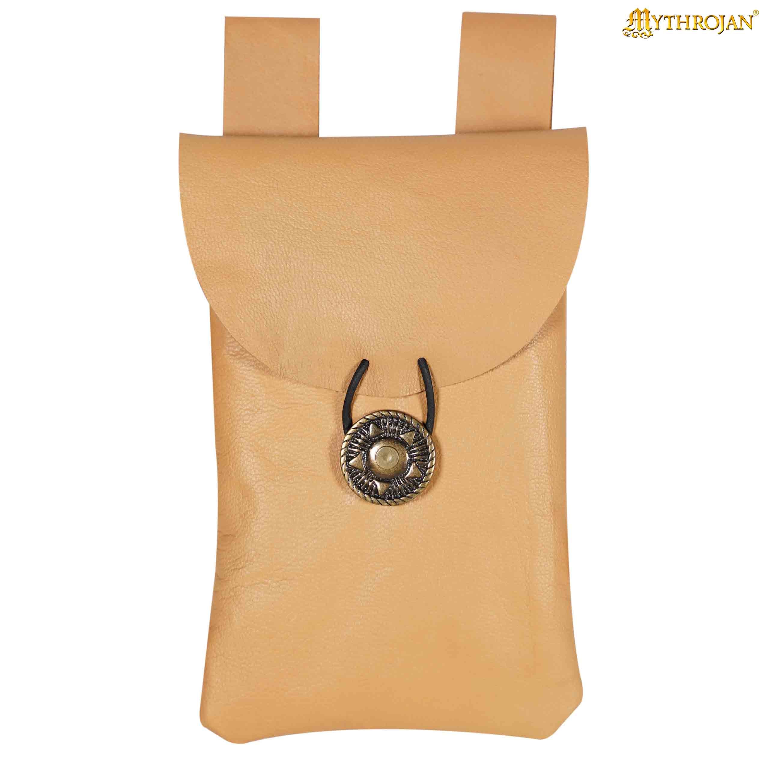 Mythrojan Leather Belt Bag, Ideal for SCA LARP Reenactment & Ren fair, Full Grain Leather, Natural , 7.2 ”× 4.7 ”