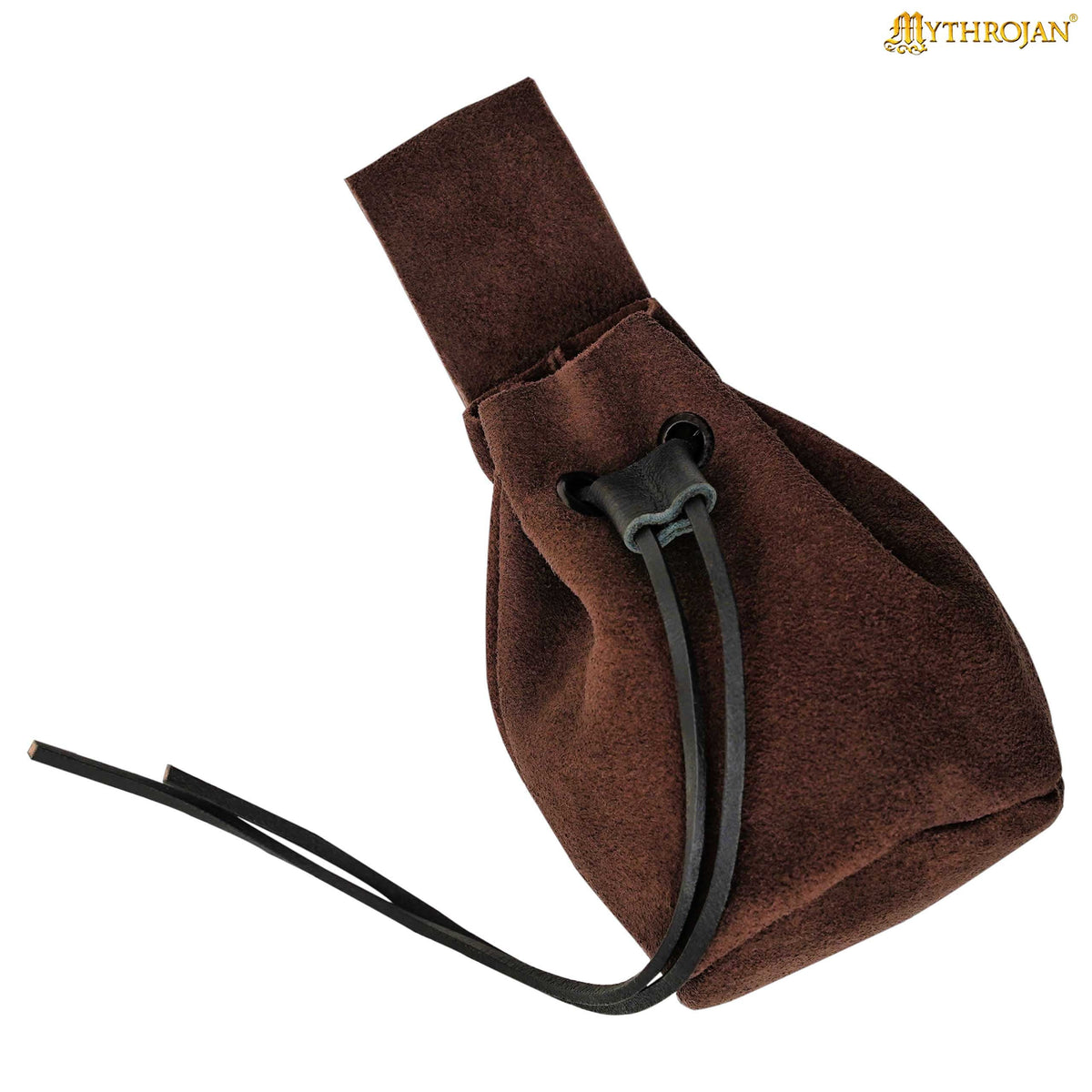 Mythrojan Medieval Drawstring Belt Bag, Ideal for SCA LARP Reenactment & Ren fair , Suede Leather , Black 6” ×5 ”