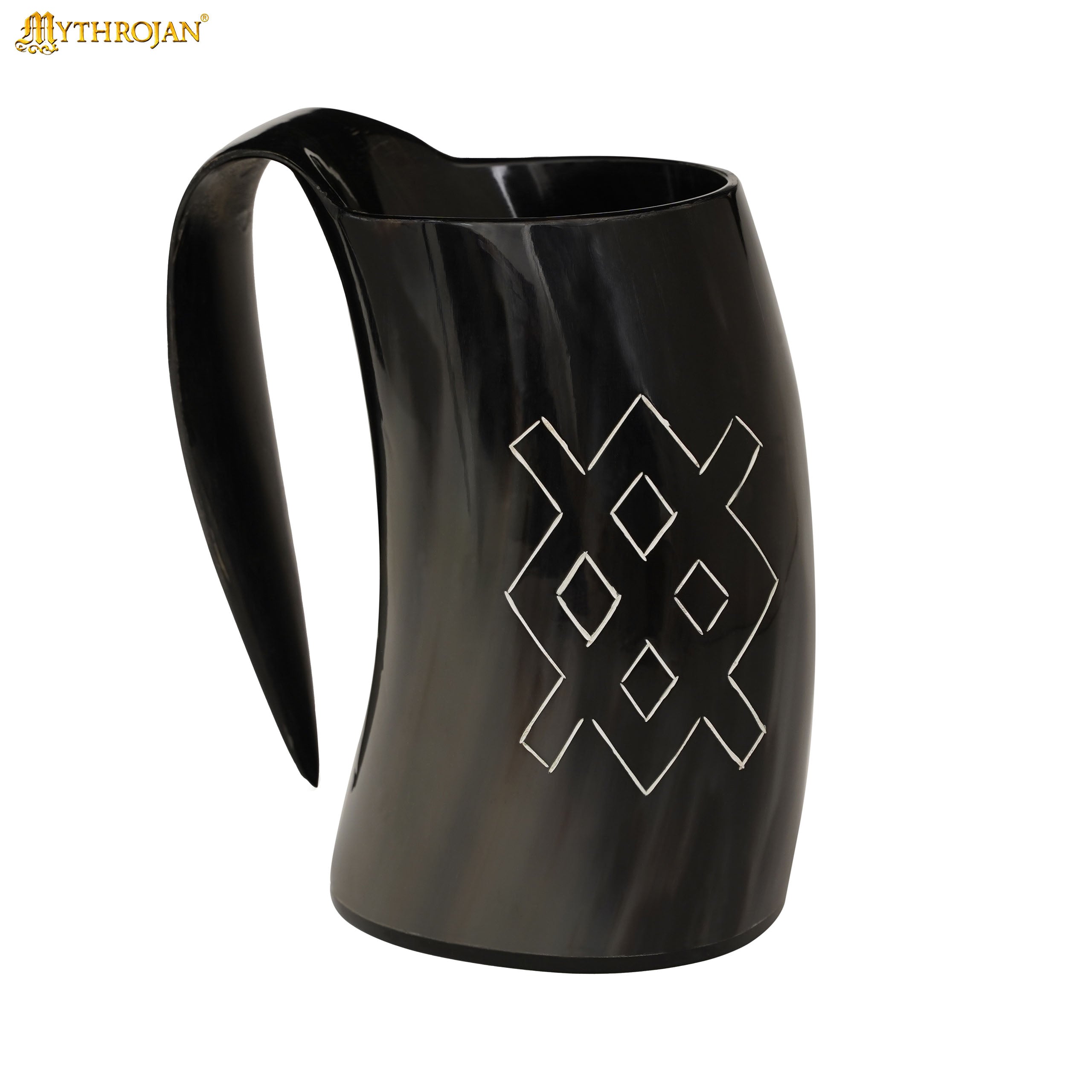 Mythrojan Tumbler Viking Drinking Cup with Handle & Medieval Buckle Renaissance with Leather Strap - Unique Patern