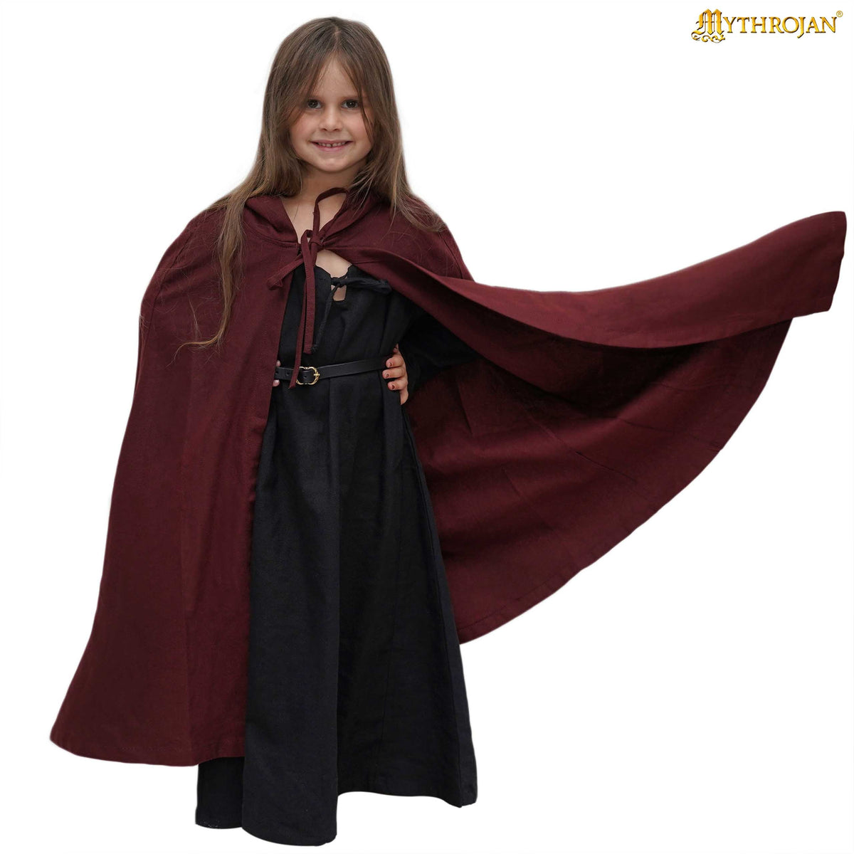 Mythrojan “Adventurer” Canvas Cloak / Cape 100% Cotton for Medieval Knight Viking SCA LARP, Black , SIZE: Kids