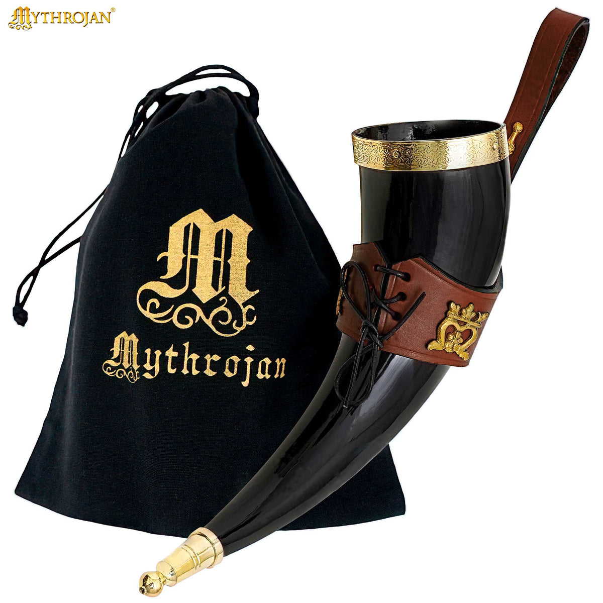 Mythrojan THE ELEGANT LADY Viking Drinking Horn with Black Leather holder Authentic Medieval Inspired Viking Wine/Mead Mug - Polished Finish
