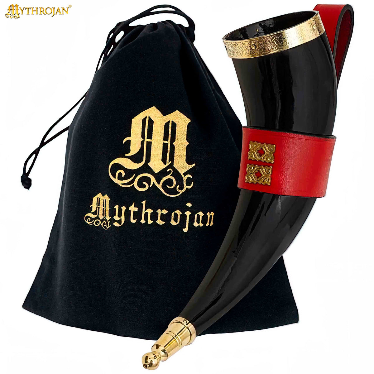 Mythrojan THE WEALTHY MERCHANT - Viking Drinking Horn with Leather Holder Authentic Medieval Inspired Viking Wine/Mead Mug - Polished Finish - 350 ML / Brown