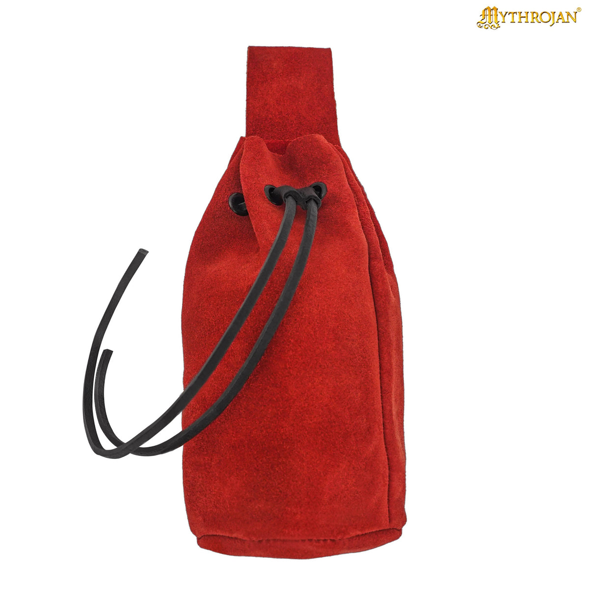 Mythrojan Medieval Drawstring Belt Bag, Ideal for SCA LARP Reenactment & Ren fair , Suede Leather , Wine Red 8” ×6.5 ”