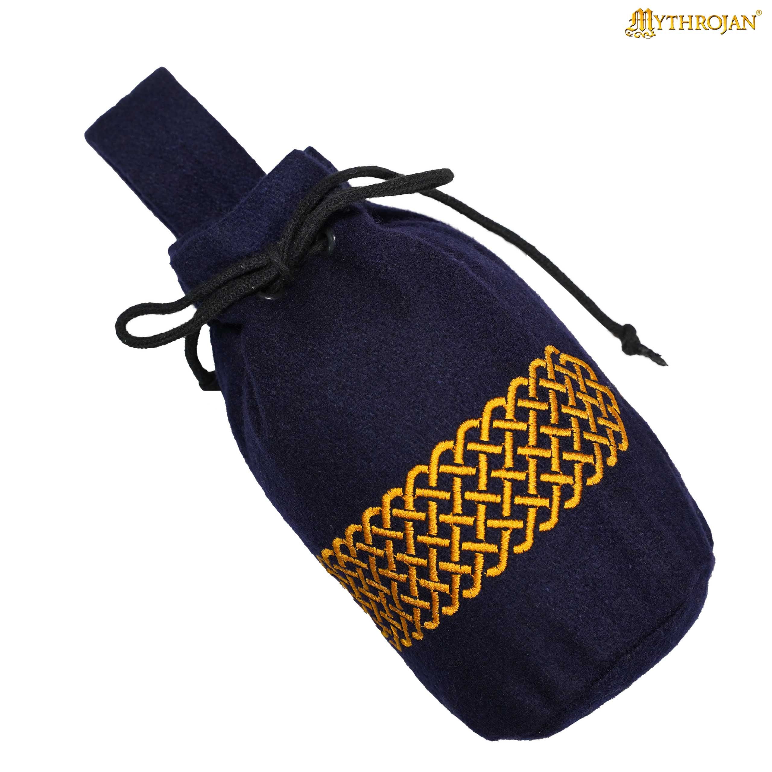 Mythrojan Embroidered Wool Drawstring Belt Pouch: Medieval Viking Celtic Bag Costume Accessories Coin Purse, 8” × 6.5”