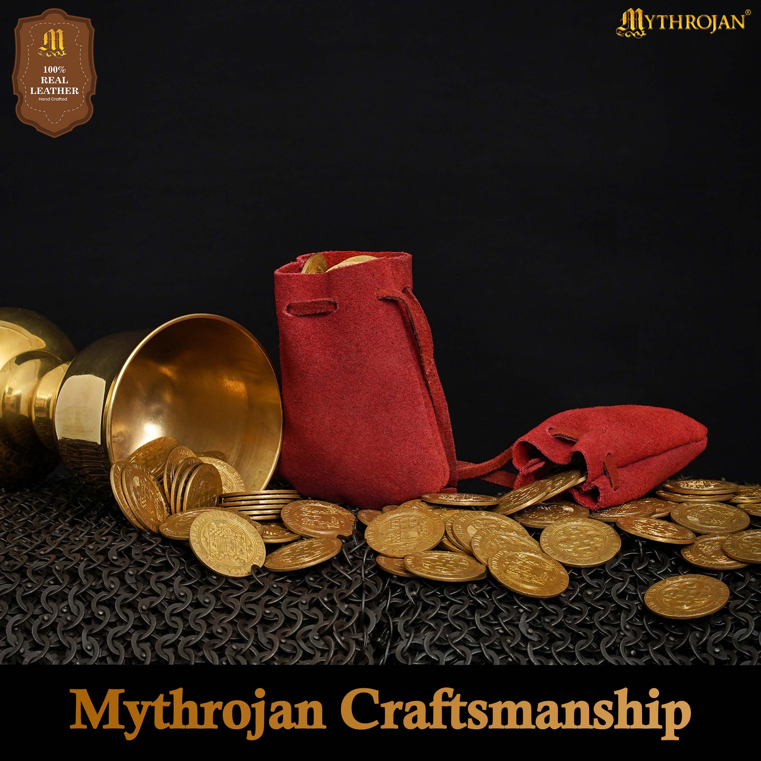 Mythrojan Pair of Medieval Drawstring Pouches, Ideal for SCA LARP Reenactment & Ren fair - Suede Leather, Red