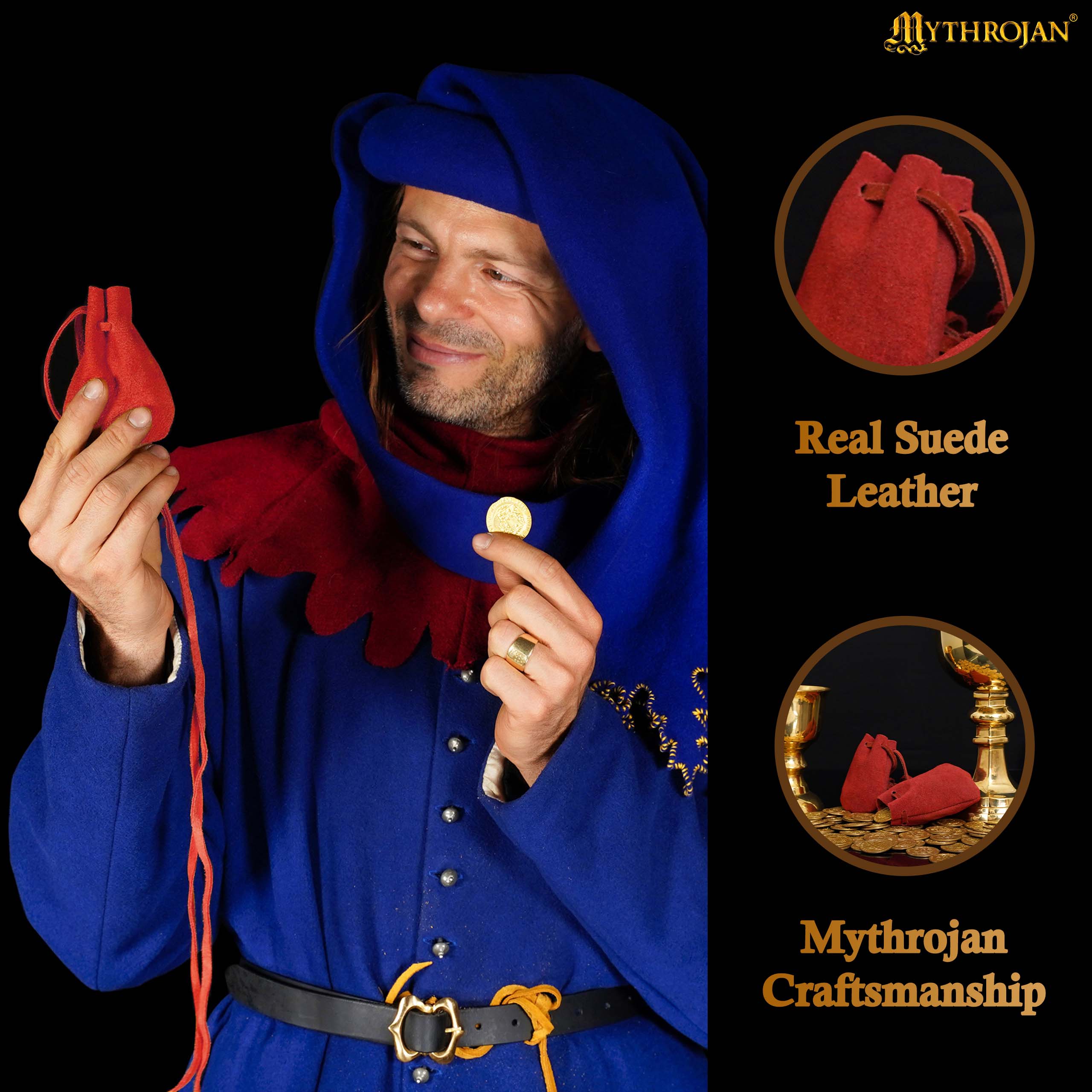 Mythrojan Pair of Medieval Drawstring Pouches, Ideal for SCA LARP Reenactment & Ren fair - Suede Leather, Red