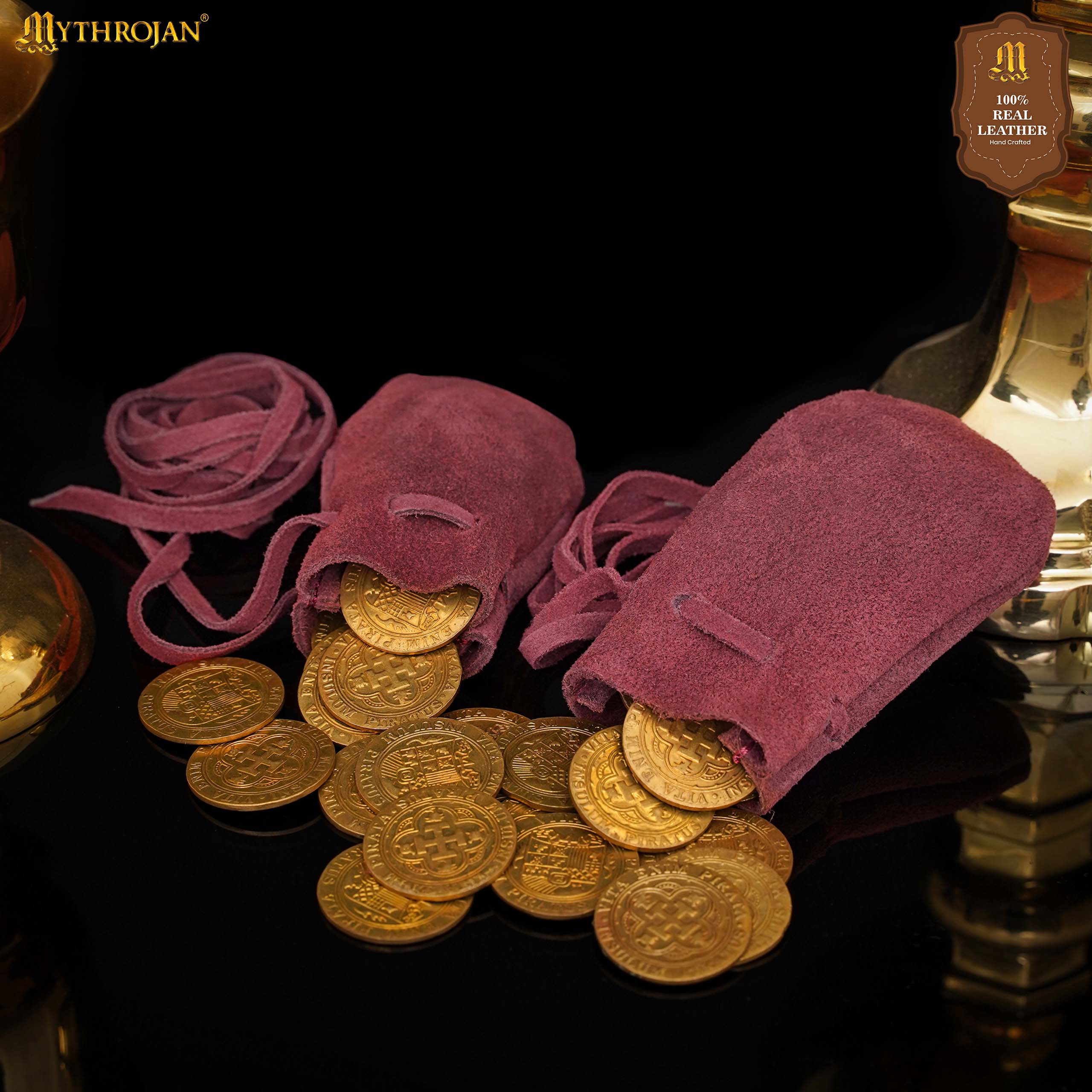 Mythrojan Pair of Medieval Drawstring Pouches, Ideal for SCA LARP Reenactment & Ren fair - Suede Leather, Wine Red