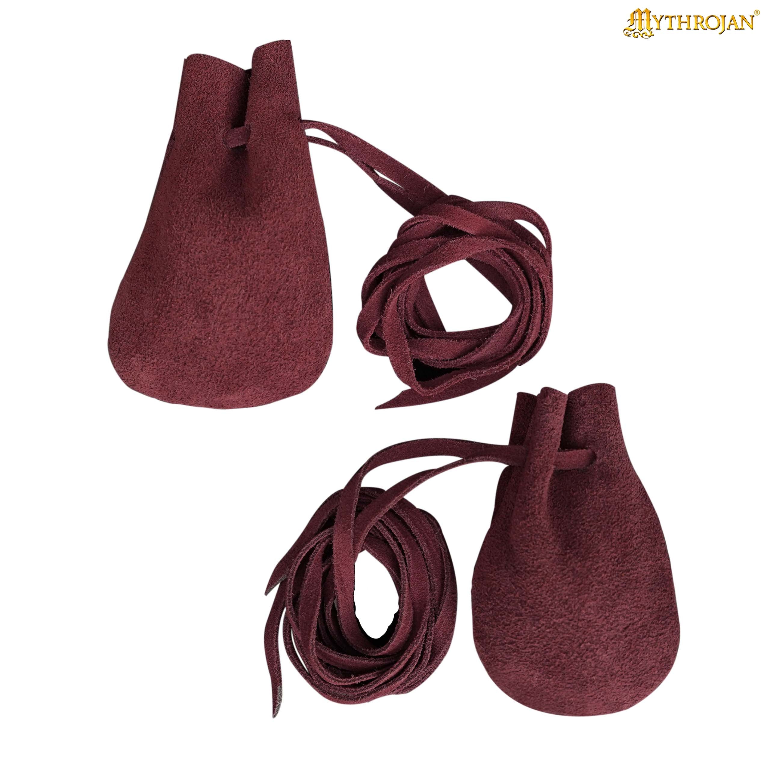 Mythrojan Pair of Medieval Drawstring Pouches, Ideal for SCA LARP Reenactment & Ren fair - Suede Leather, Wine Red