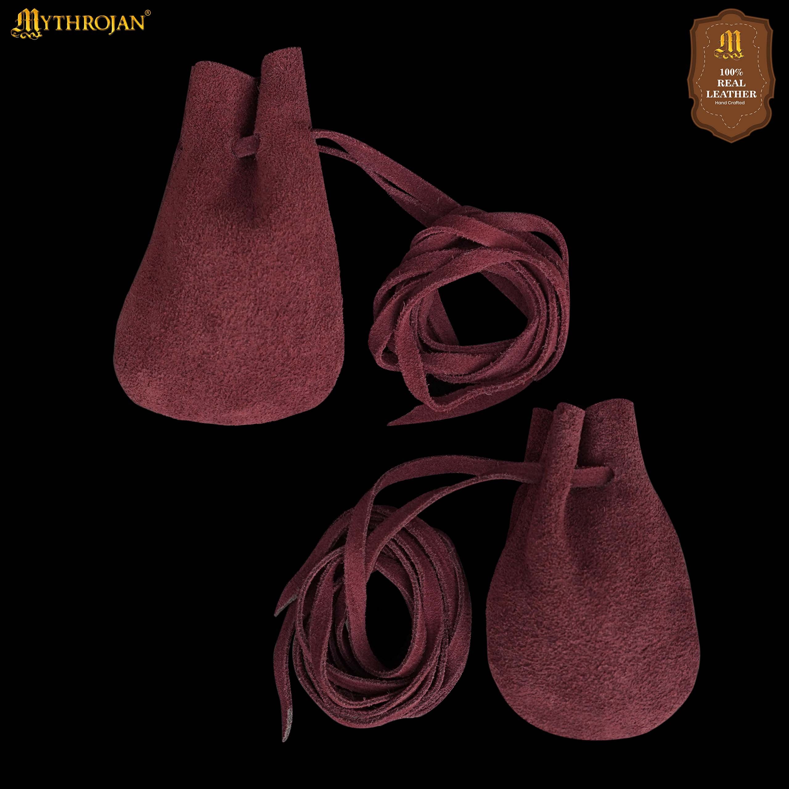 Mythrojan Pair of Medieval Drawstring Pouches, Ideal for SCA LARP Reenactment & Ren fair - Suede Leather, Wine Red