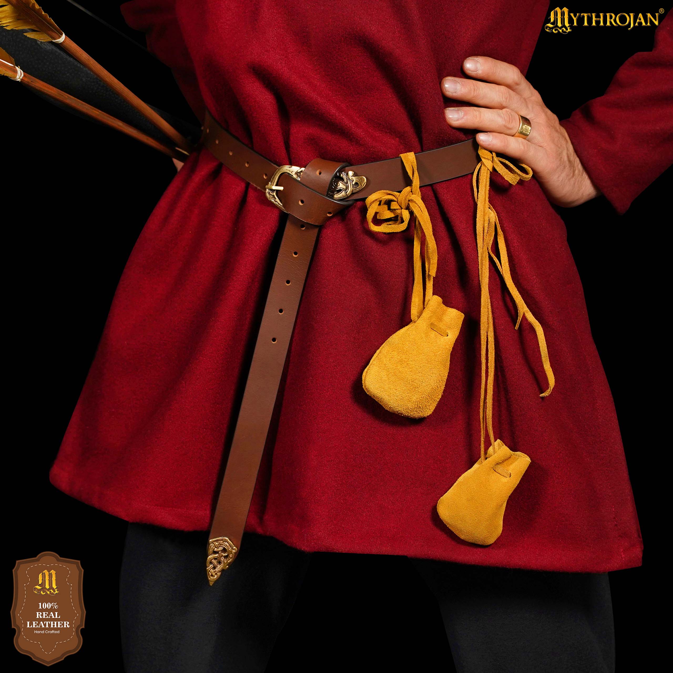 Mythrojan Pair of Medieval Drawstring Pouches, Ideal for SCA LARP Reenactment & Ren fair - Suede Leather, Yellow