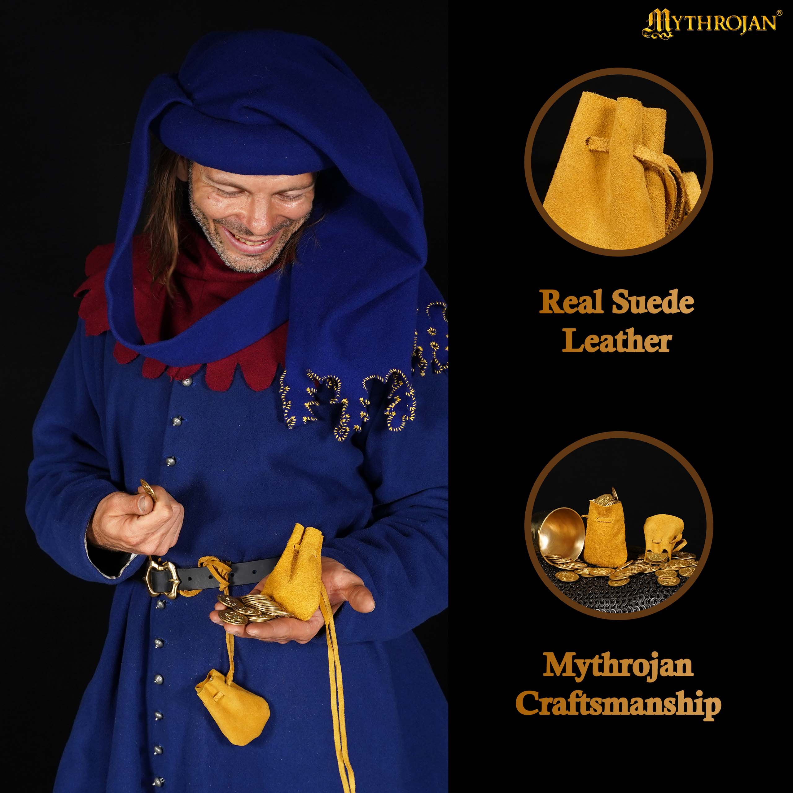 Mythrojan Pair of Medieval Drawstring Pouches, Ideal for SCA LARP Reenactment & Ren fair - Suede Leather, Yellow