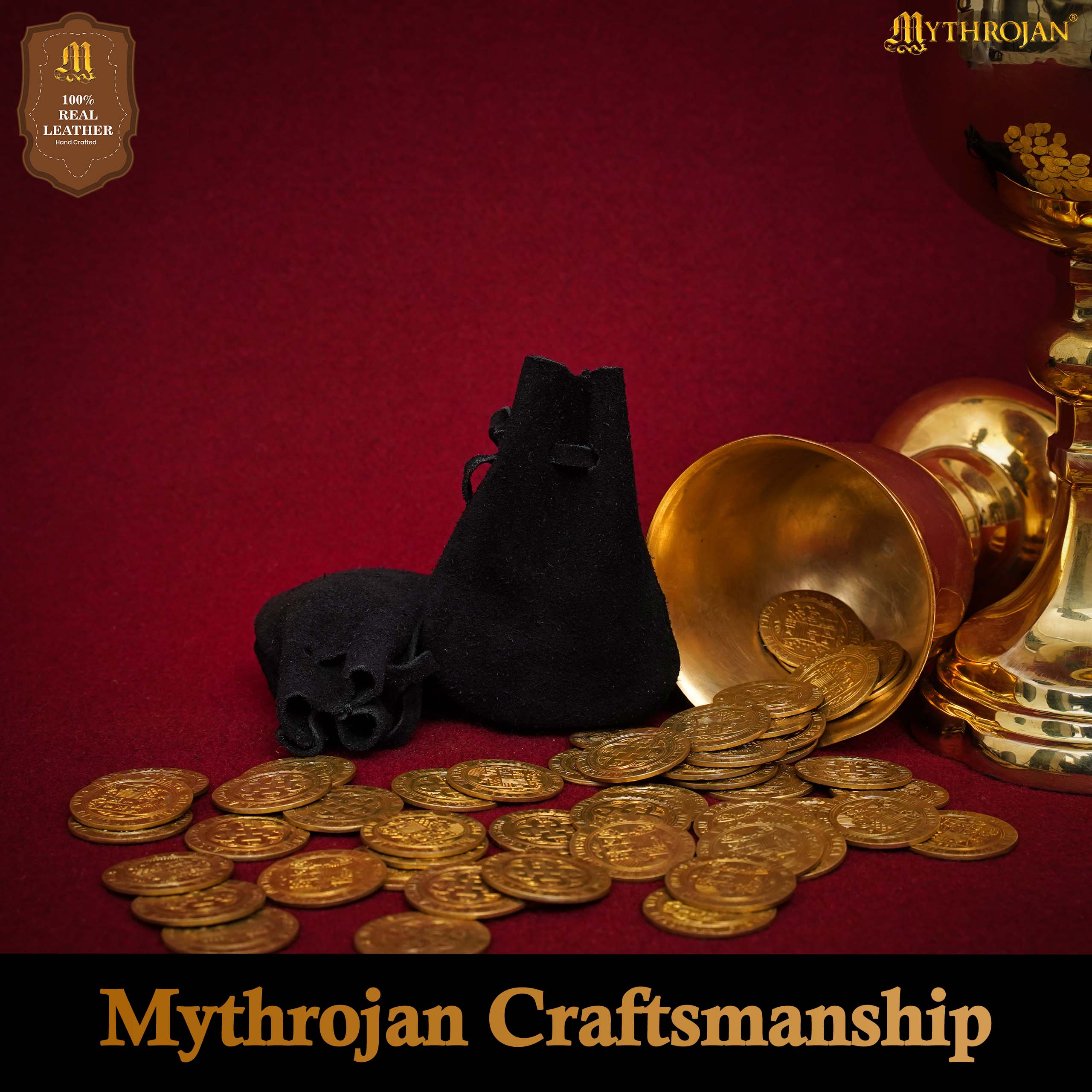 Mythrojan Pair of Medieval Drawstring Pouches, Ideal for SCA LARP Reenactment & Ren fair - Suede Leather, Black