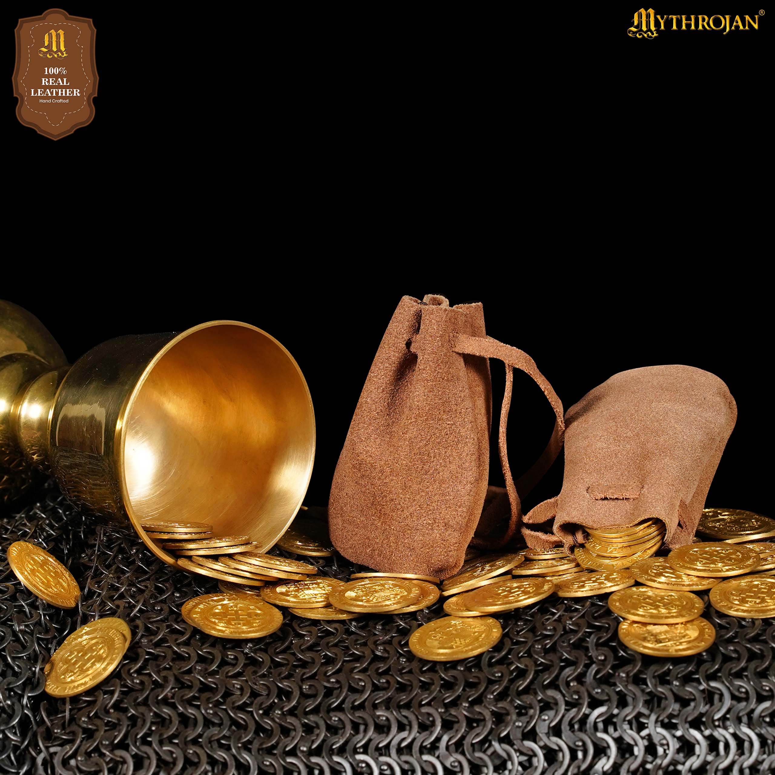 Mythrojan Pair of Medieval Drawstring Pouches, Ideal for SCA LARP Reenactment & Ren fair - Suede Leather, Brown