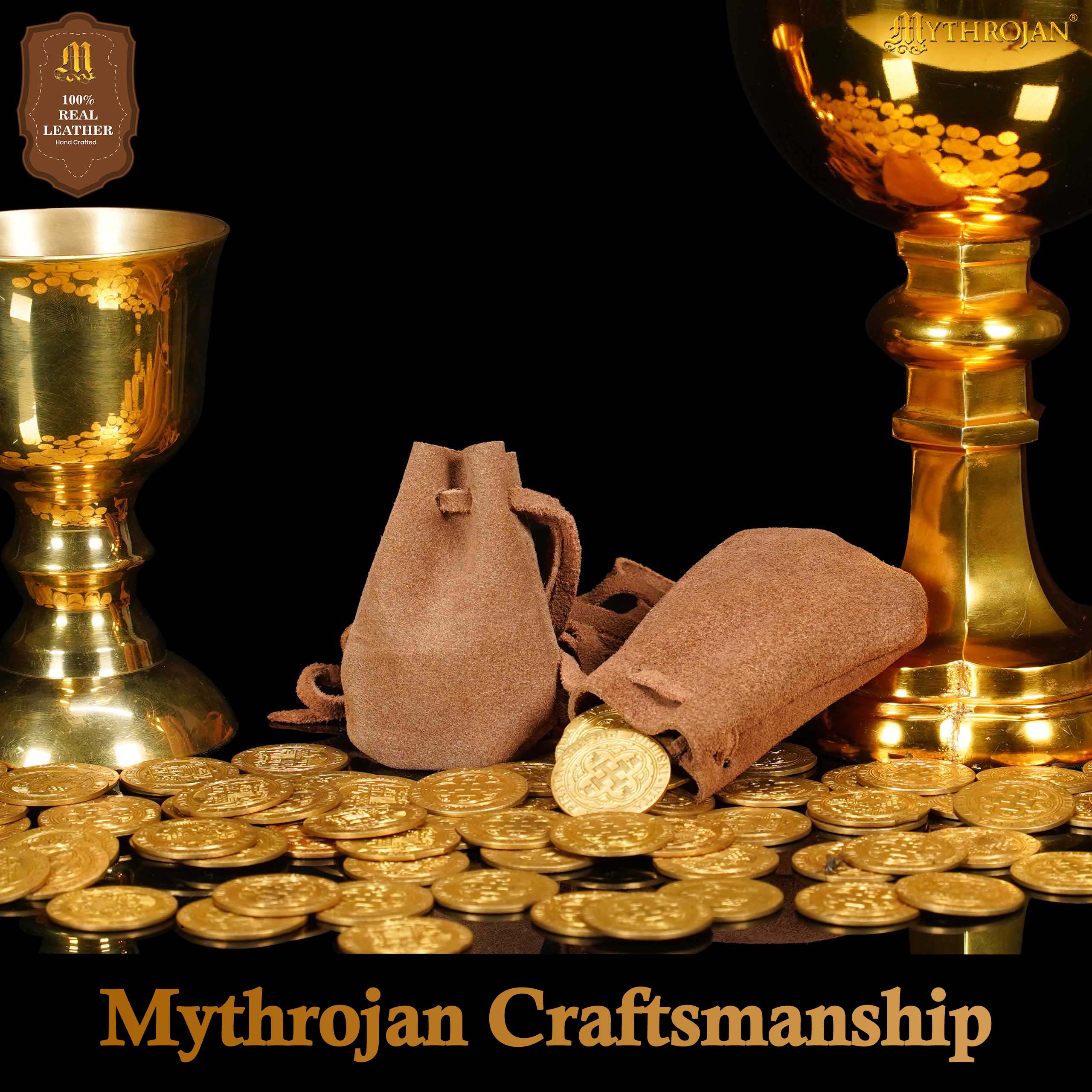 Mythrojan Pair of Medieval Drawstring Pouches, Ideal for SCA LARP Reenactment & Ren fair - Suede Leather, Brown