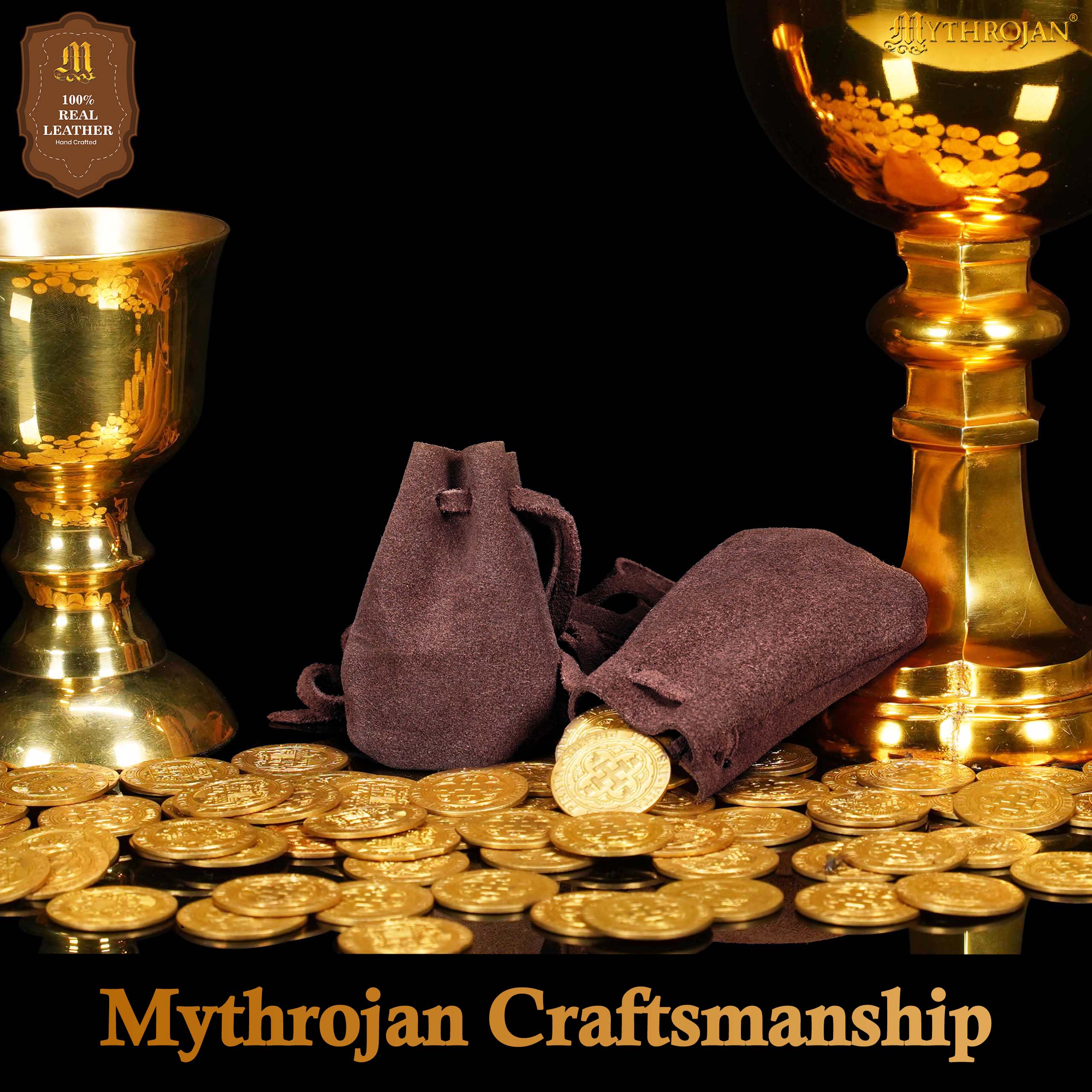 Mythrojan Pair of Medieval Drawstring Pouches, Ideal for SCA LARP reenactment & Ren fair-Suede Leather, Chocolate Brown