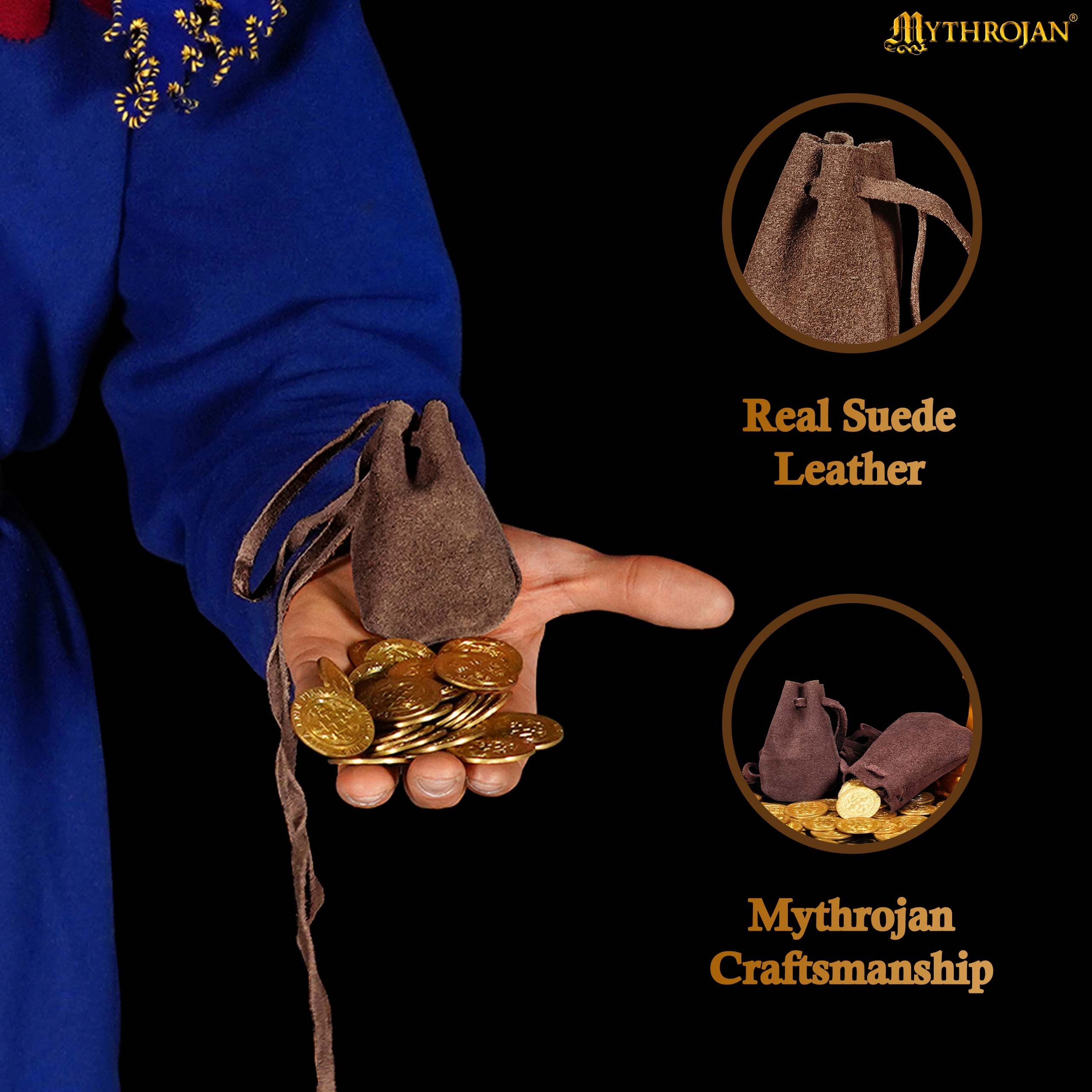 Mythrojan Pair of Medieval Drawstring Pouches, Ideal for SCA LARP reenactment & Ren fair-Suede Leather, Chocolate Brown