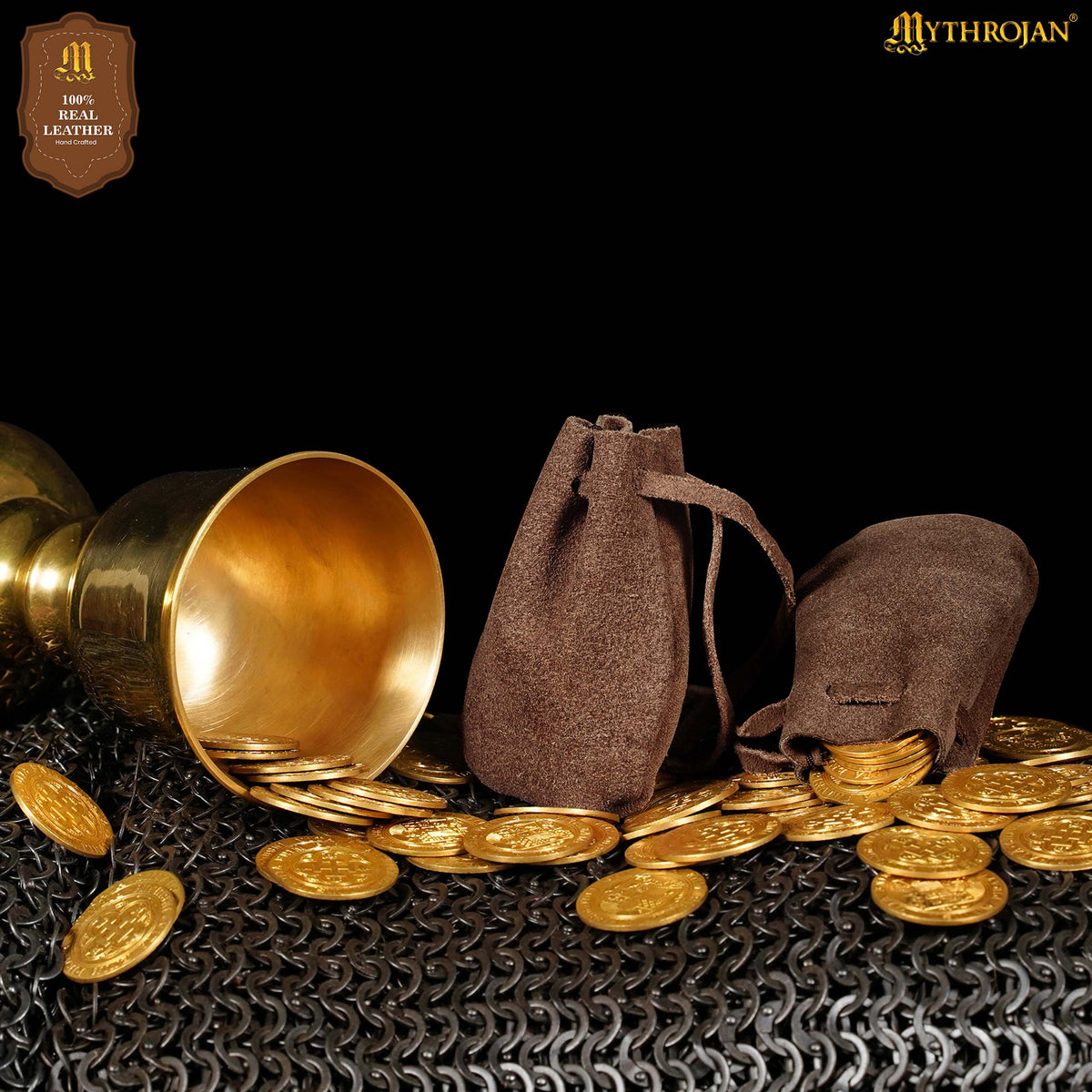Mythrojan Pair of Medieval Drawstring Pouches, Ideal for SCA LARP Reenactment & Ren fair - Suede Leather, Yellow