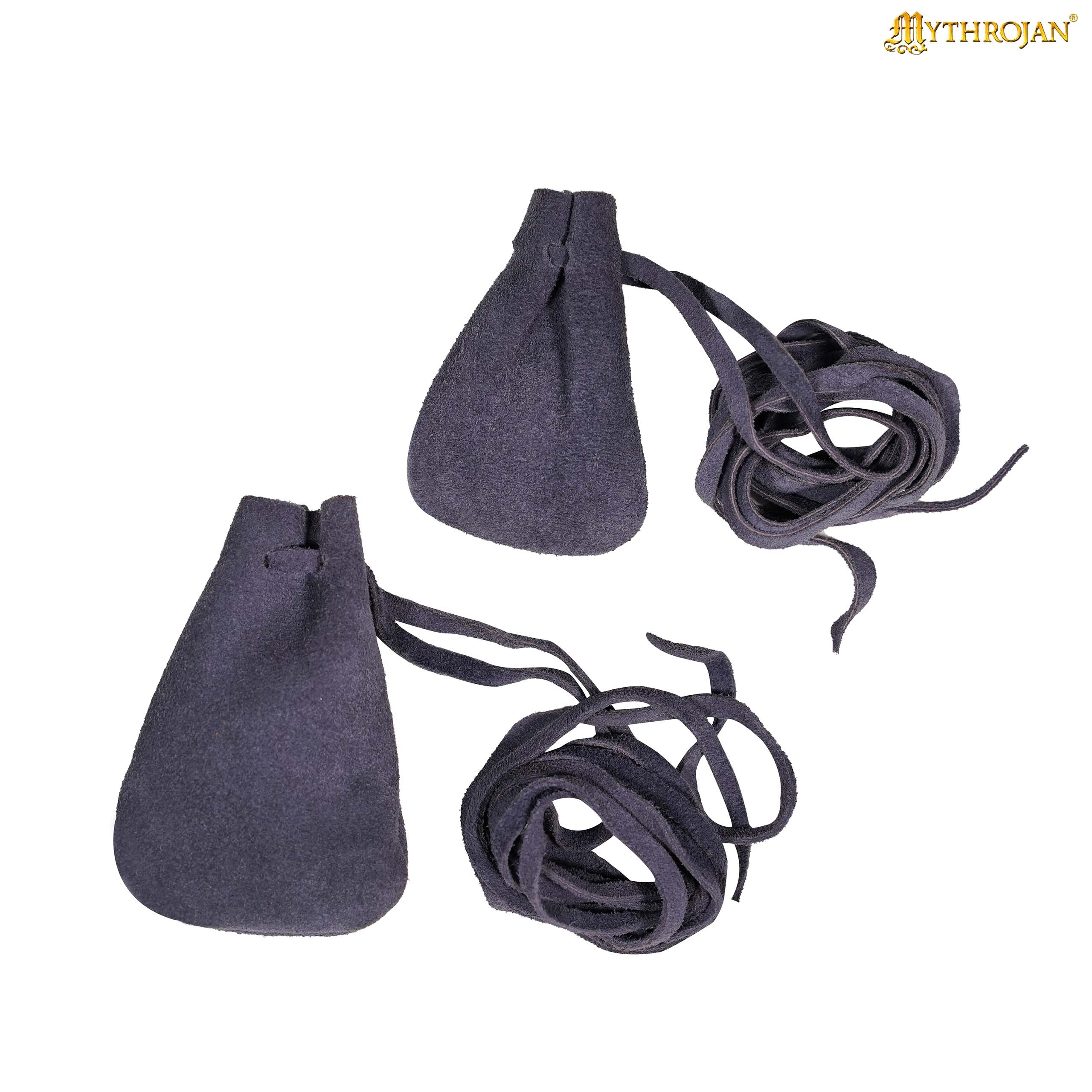 Mythrojan Pair of Medieval Drawstring Pouches, Ideal for SCA LARP Reenactment & Ren fair - Suede Leather, Dark Blue