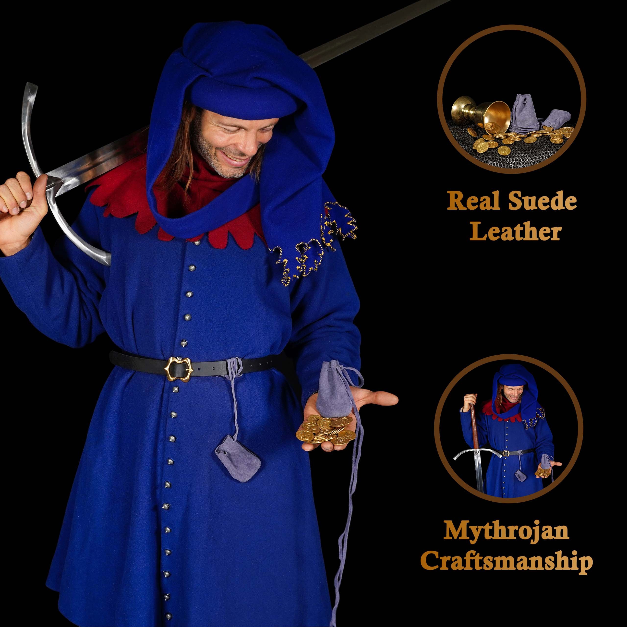 Mythrojan Pair of Medieval Drawstring Pouches, Ideal for SCA LARP Reenactment & Ren fair - Suede Leather, Dark Blue
