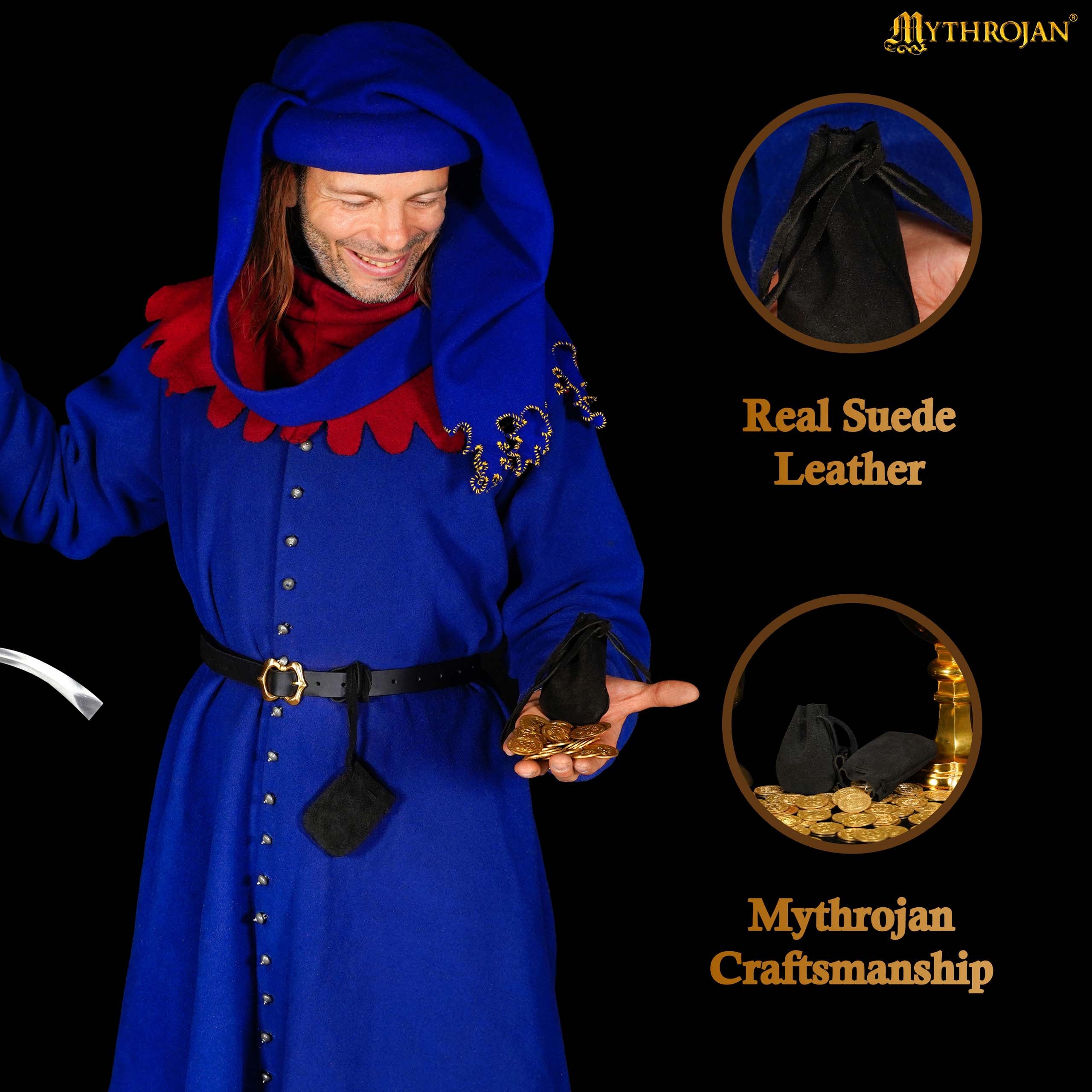 Mythrojan Pair of Medieval Drawstring Pouches, Ideal for SCA LARP Reenactment & Ren fair - Suede Leather, Black