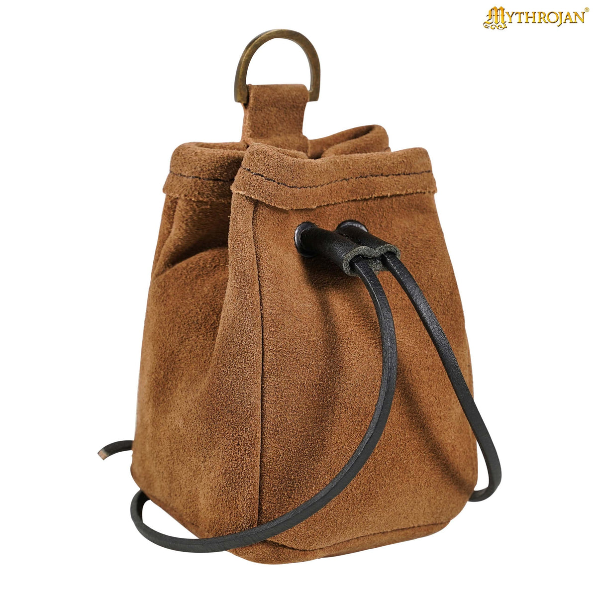 Mythrojan Medieval Drawstring Belt Bag, Ideal for SCA LARP Reenactment & Ren fair , Suede Leather , Dark Blue