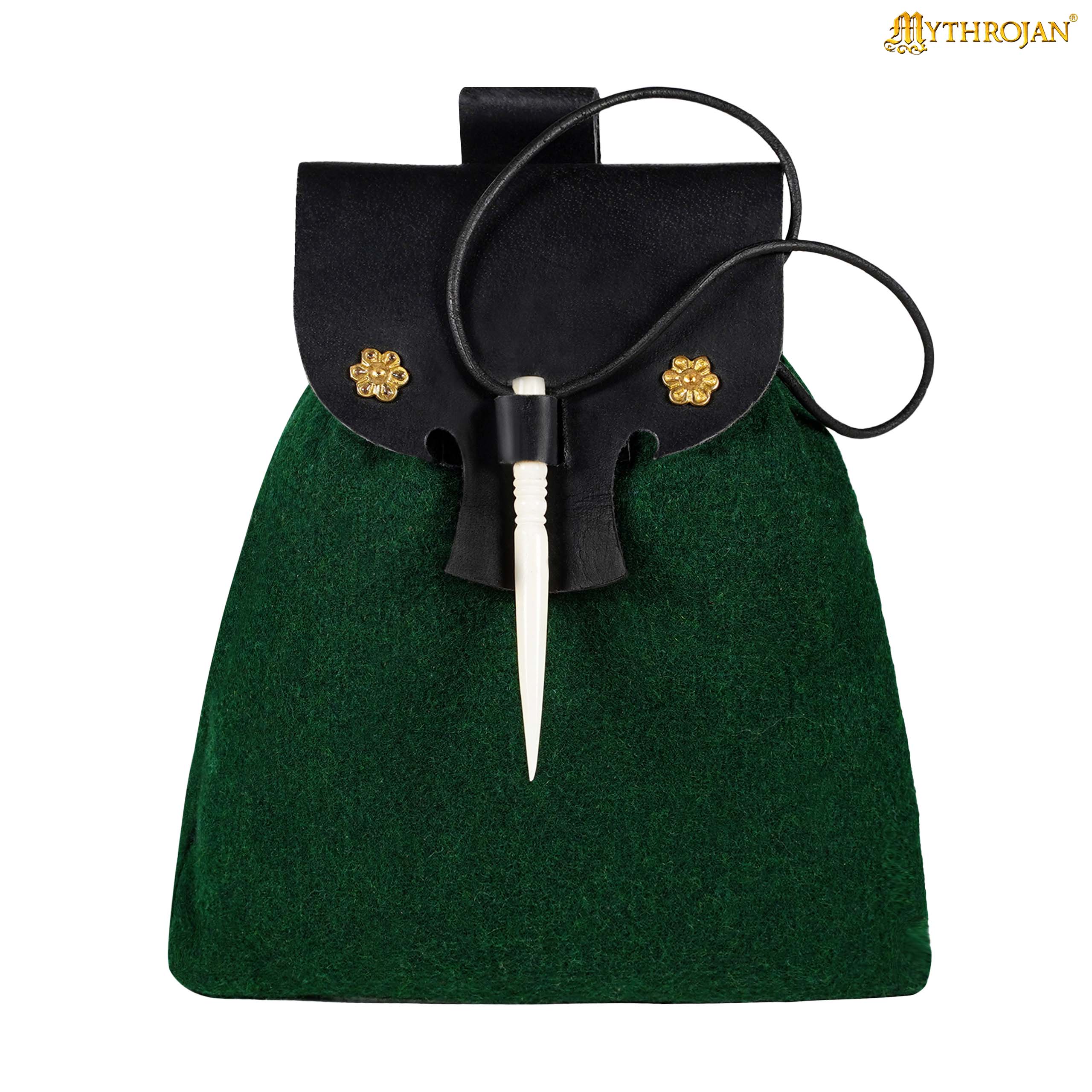Mythrojan “Gold and Dice” Medieval Fantasy Belt Bag with Bone Needle Closure, Ideal for SCA LARP reenactment & Ren fair, Black and Green, 7”×7”