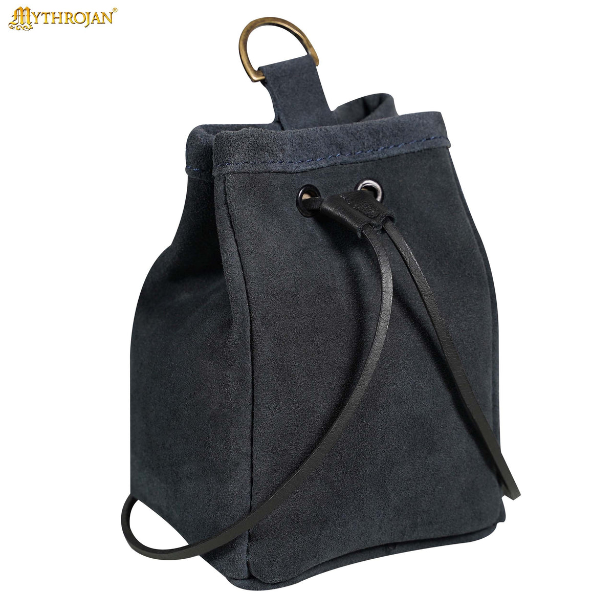 Mythrojan Medieval Drawstring Belt Bag, Ideal for SCA LARP Reenactment & Ren fair , Suede Leather , Dark Blue