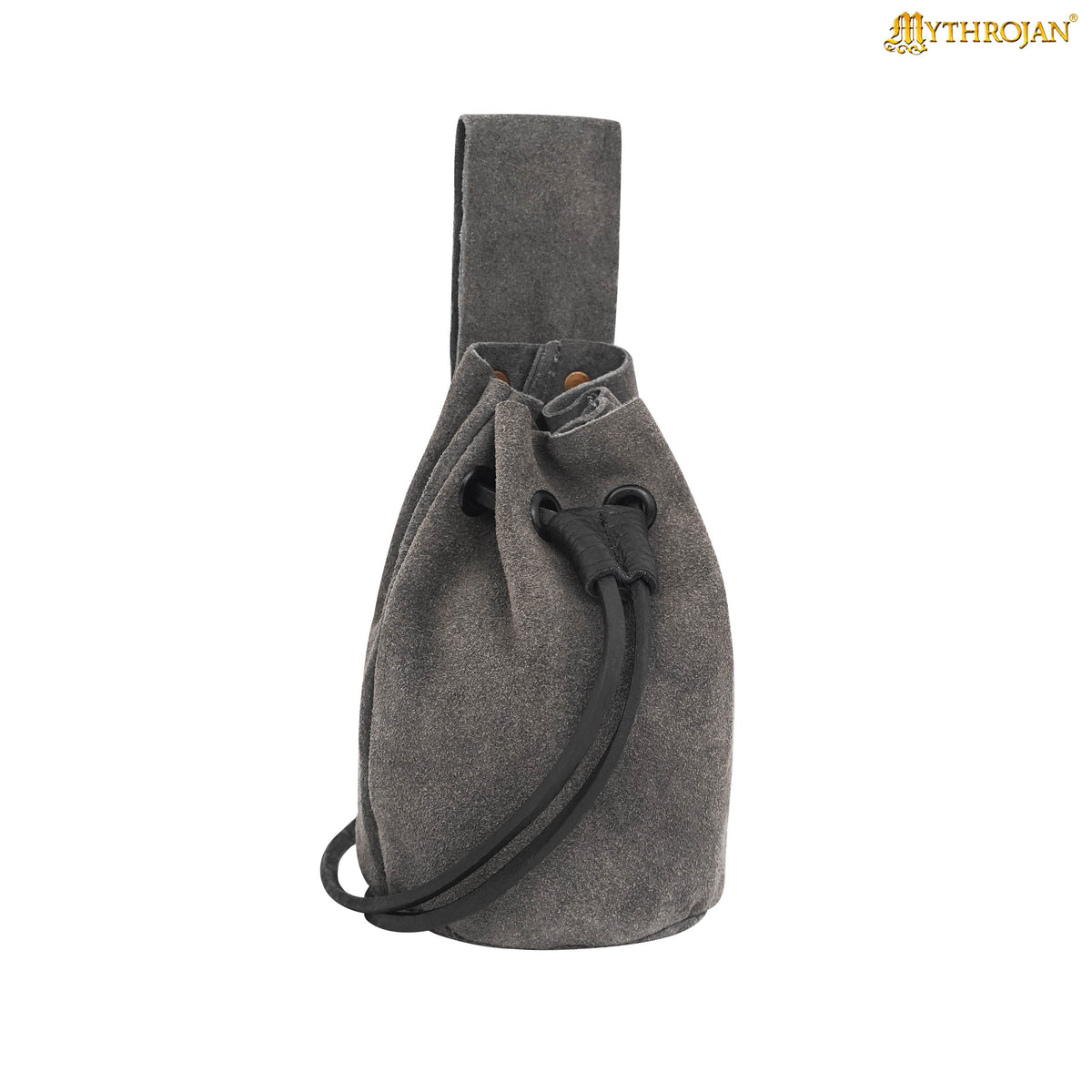 Mythrojan Medieval Drawstring Belt Bag, Ideal for SCA LARP Reenactment & Ren fair , Suede Leather , Black 6” ×5 ”