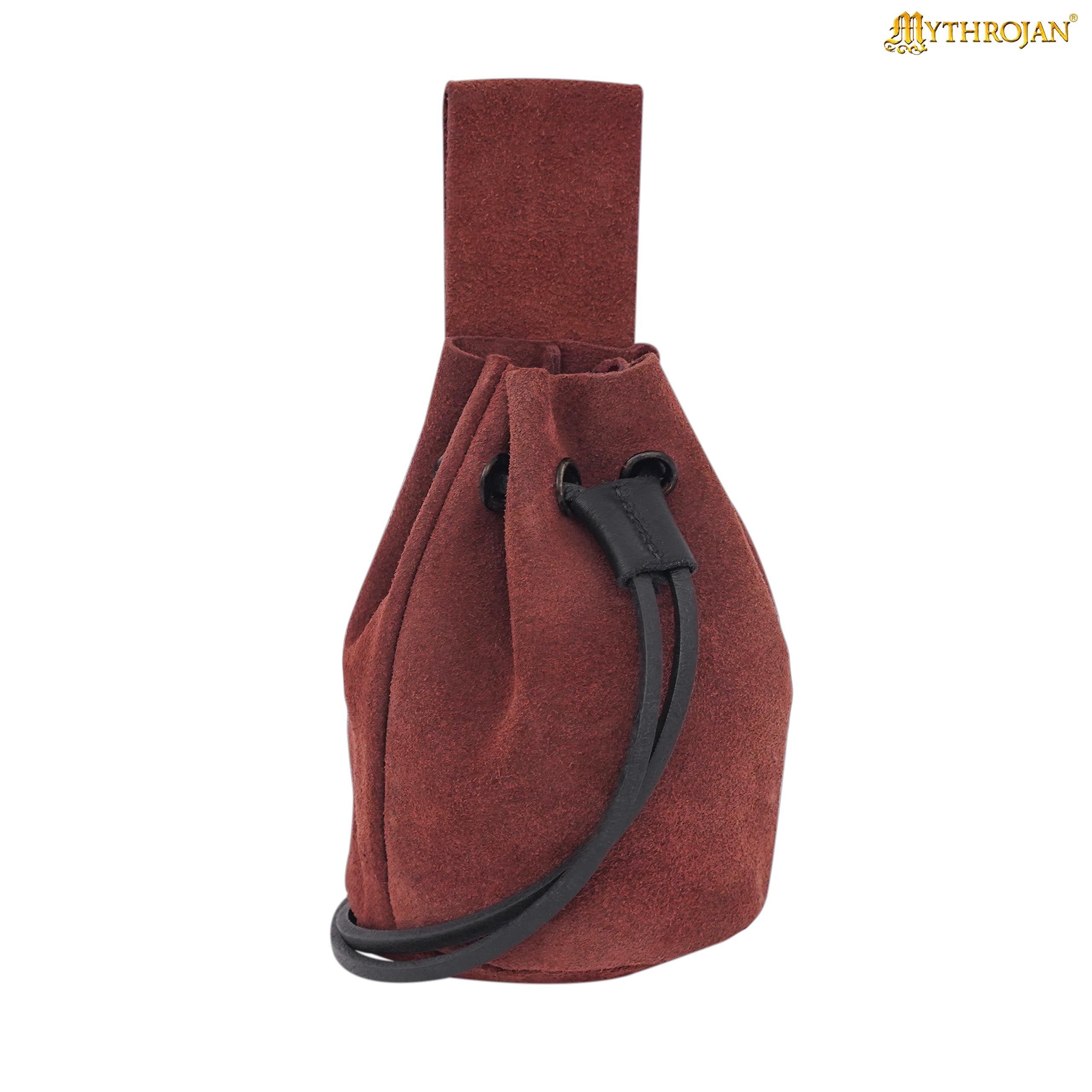 Mythrojan Medieval Drawstring Belt Bag, Ideal for SCA LARP Reenactment & Ren fair , Suede Leather , Burgundy 6” ×5 ”