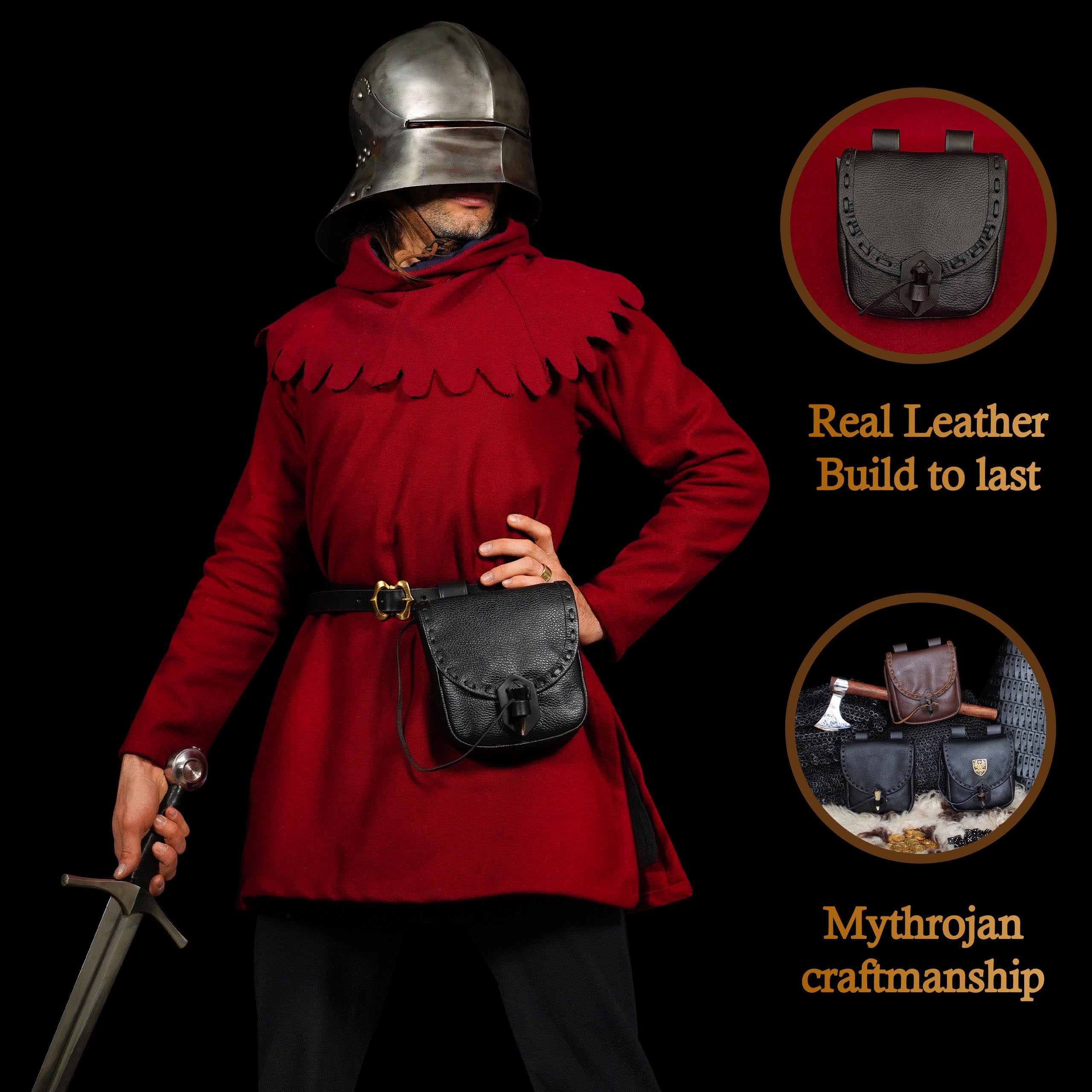 Mythrojan “The Adventurer’s” Belt Bag with Horn Toggle, ideal for SCA LARP reenactment & Ren fair, Full Grain Leather, Black 7”