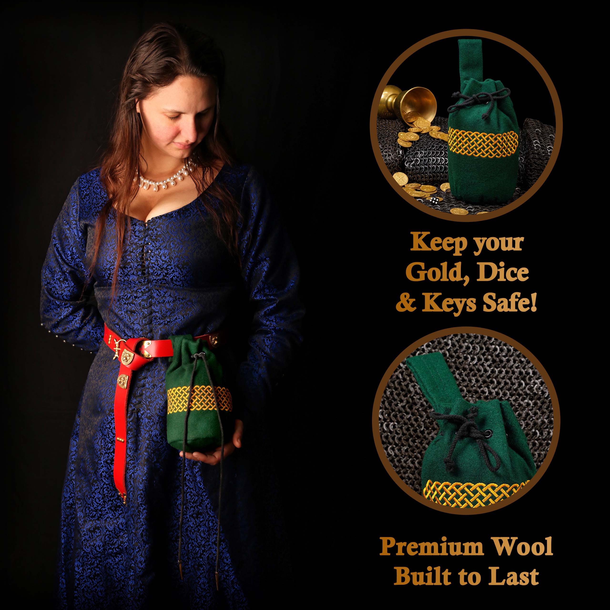 Mythrojan Embroidered Wool Drawstring Belt Pouch: Medieval Viking Celtic Bag Costume Accessories Coin Purse, 8” × 6.5”