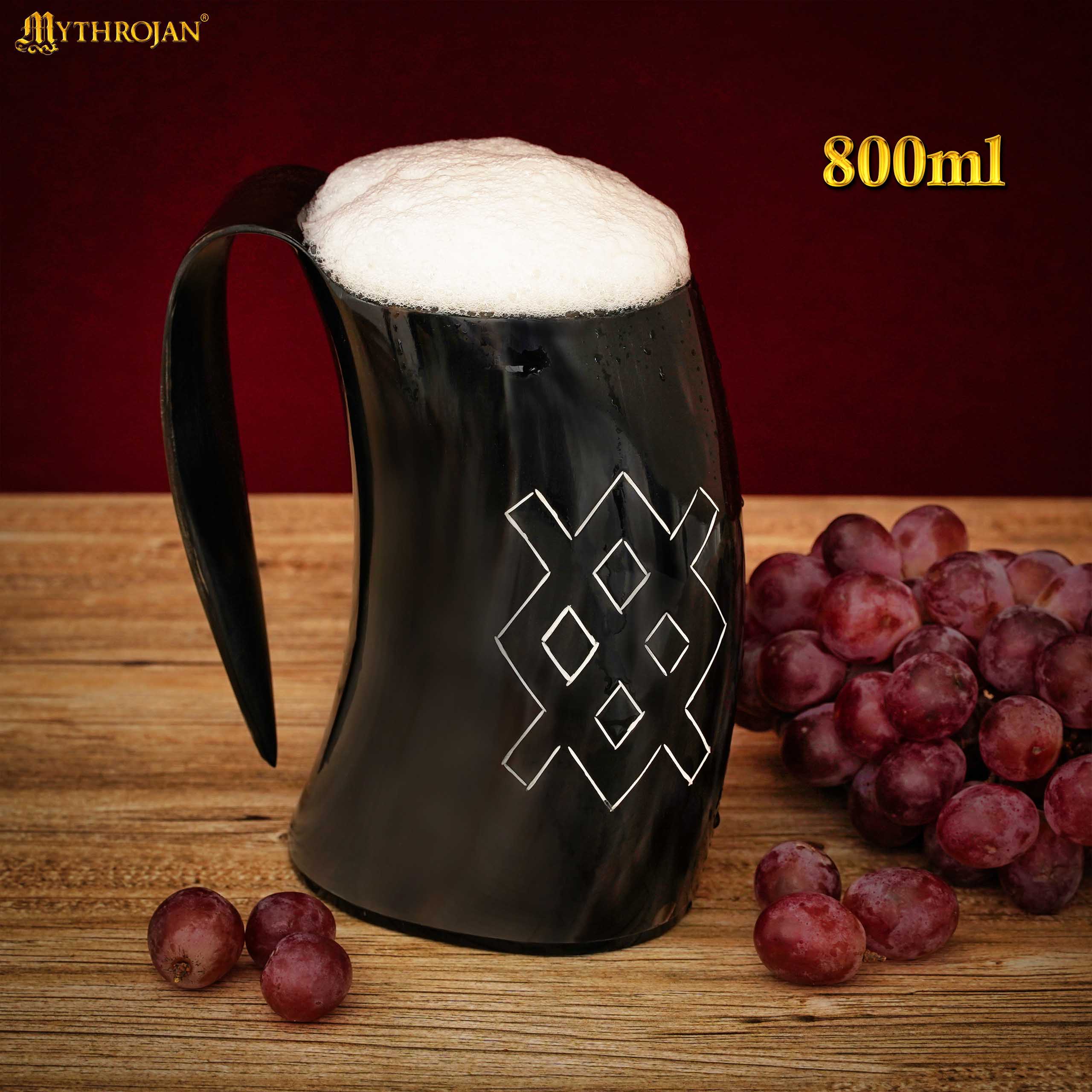 Mythrojan Tumbler Viking Drinking Cup with Handle & Medieval Buckle Renaissance with Leather Strap - Unique Patern