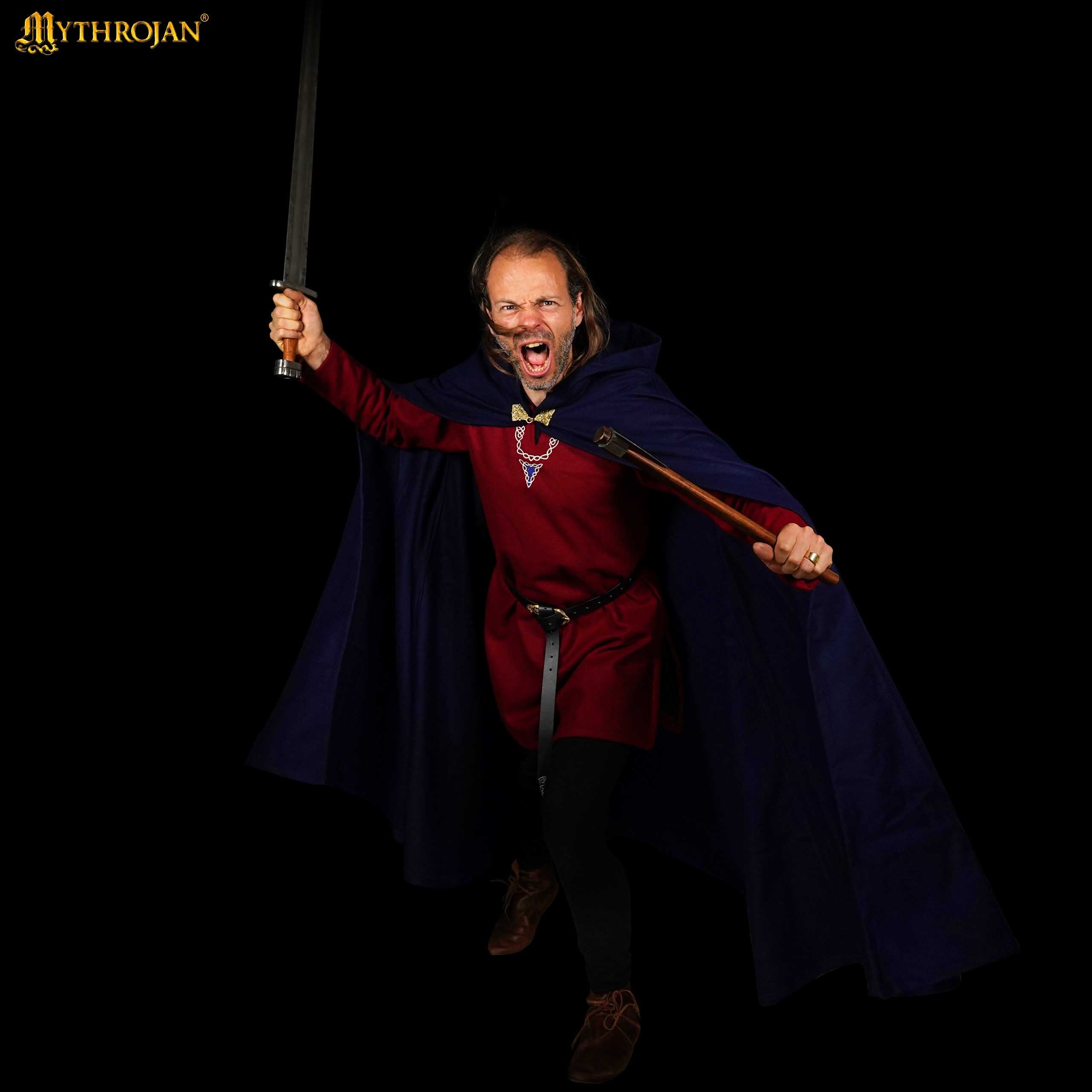 Mythrojan Woolen Hooded Cloak/Cape with BRASS BROOCH Medieval Wool Cape for Ranger LARP SCA Cosplay, Navy Blue, Large