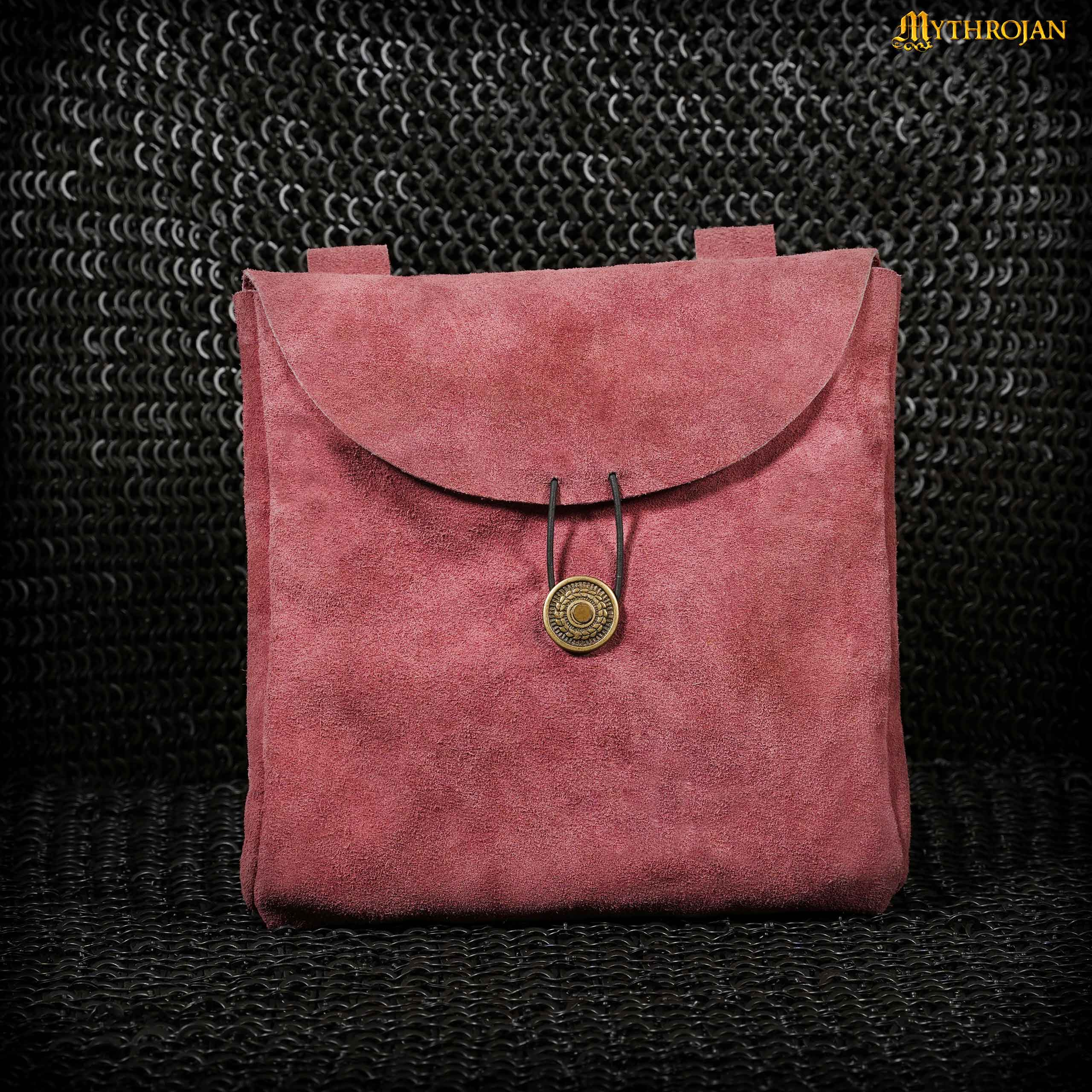 Mythrojan Large Suede Belt Bag, Ideal for SCA LARP Reenactment & Ren fair, Suede Leather, Burgundy , 9 ”× 9 ”