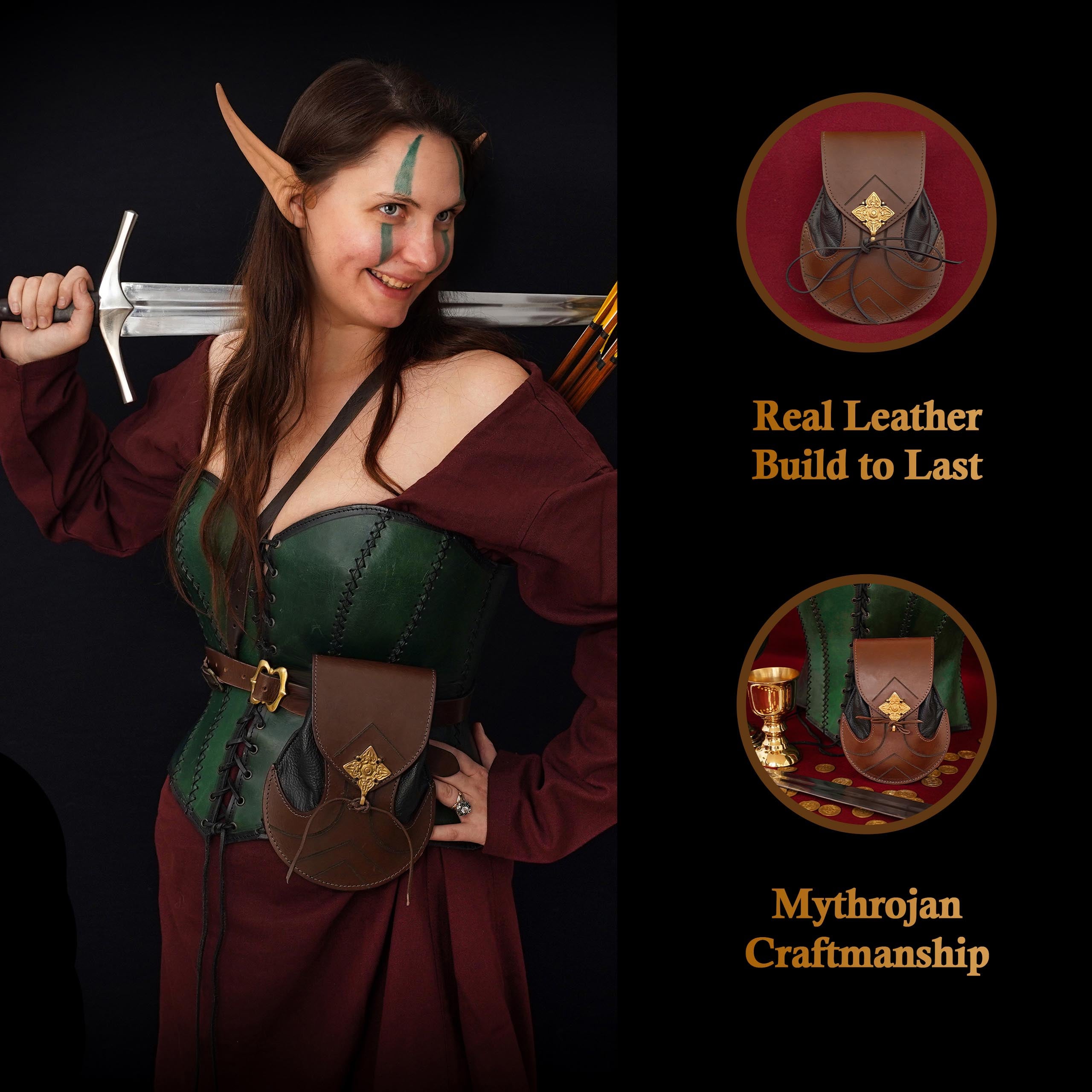 Mythrojan Elven Leather bag: Ideal for LARP, Cosplay, Elvish Costume & Dark Elf Outfit , 8. 2 ” x6 .1 ”