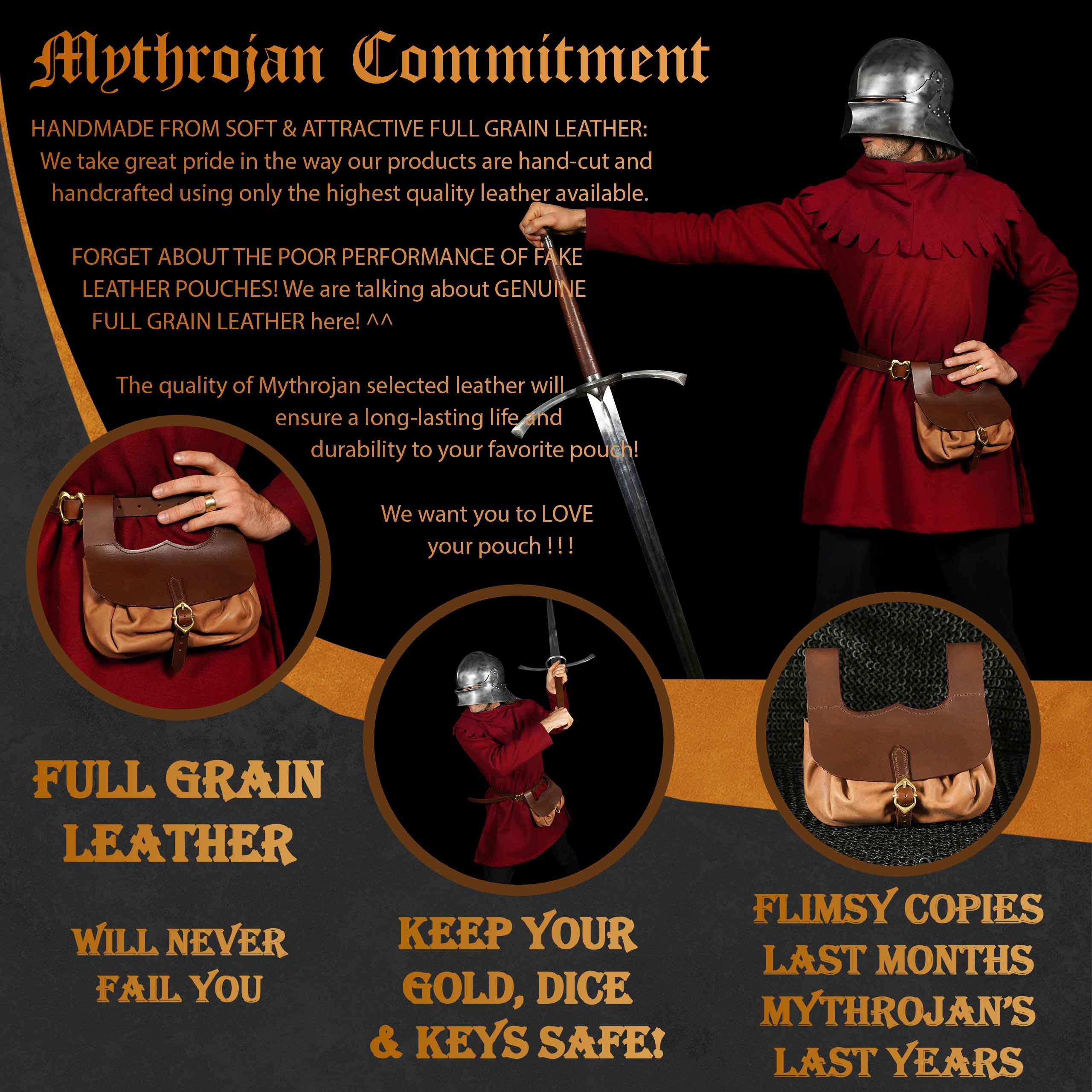 Mythrojan Medieval Belt Bag with Solid Brass Buckle , Ideal for Cosplay SCA LARP Reenactment & Ren fair, Full Grain Leather, Brown , 8.2 ” × 8.6”