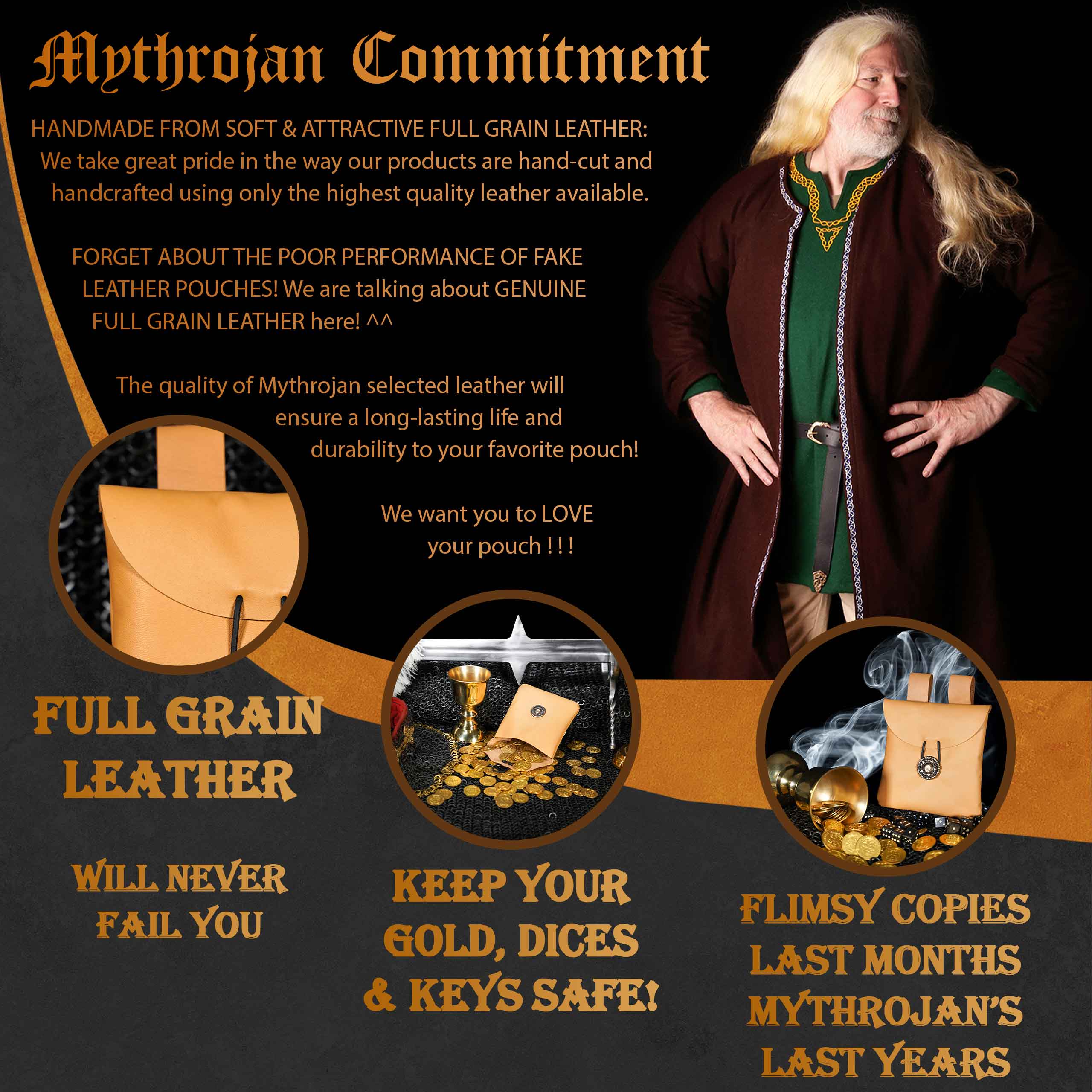 Mythrojan Leather Belt Bag, Ideal for SCA LARP Reenactment & Ren fair, Full Grain Leather, Natural , 5 .5”× 5.1 ”