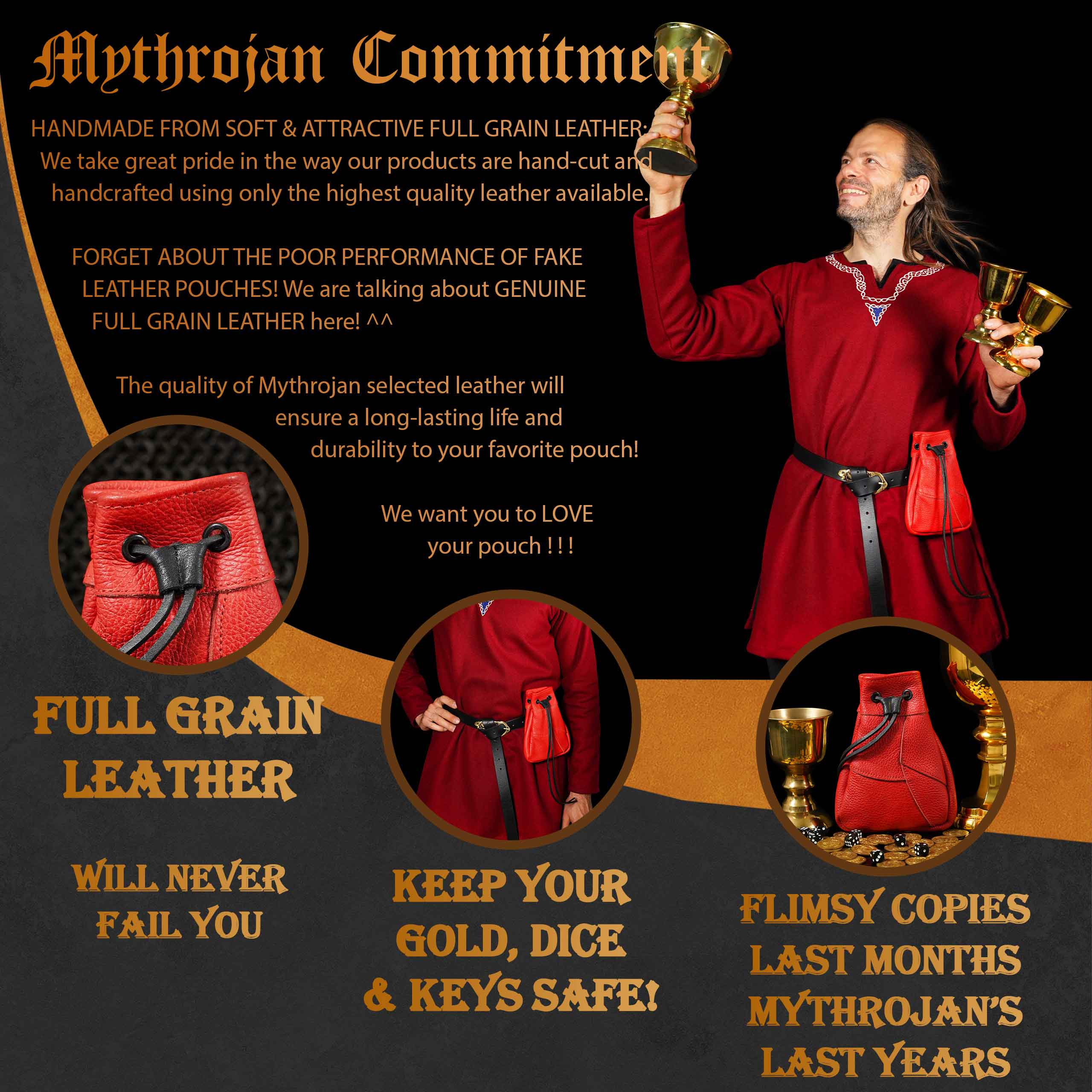 Mythrojan Medieval Drawstring Bag, Ideal for SCA LARP Reenactment & Ren fair - Full Grain Leather, Red 7 ” ×5 ”
