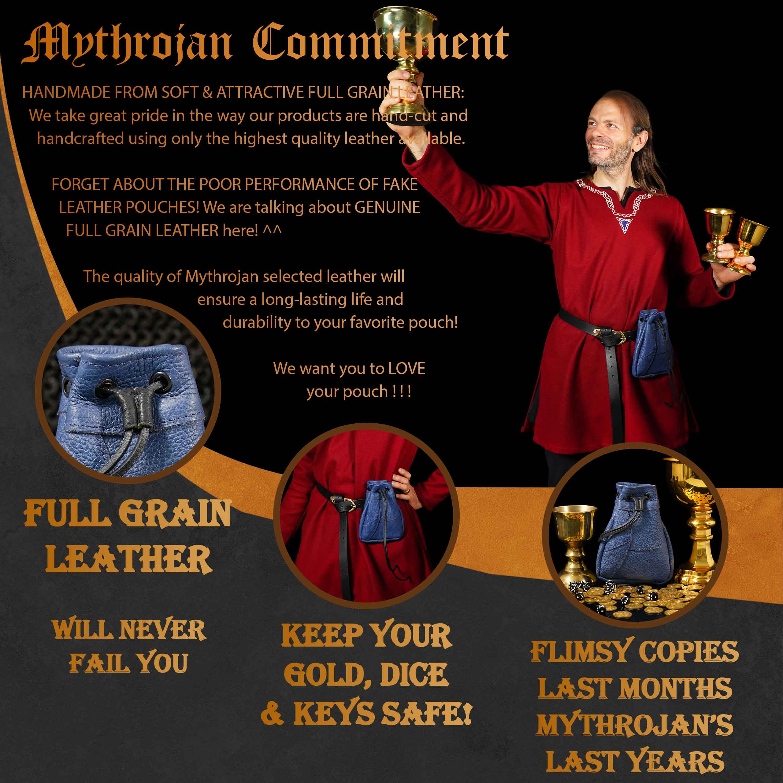 Mythrojan Medieval Drawstring Bag, Ideal for SCA LARP Reenactment & Ren fair - Full Grain Leather, Blue, 7”×5”