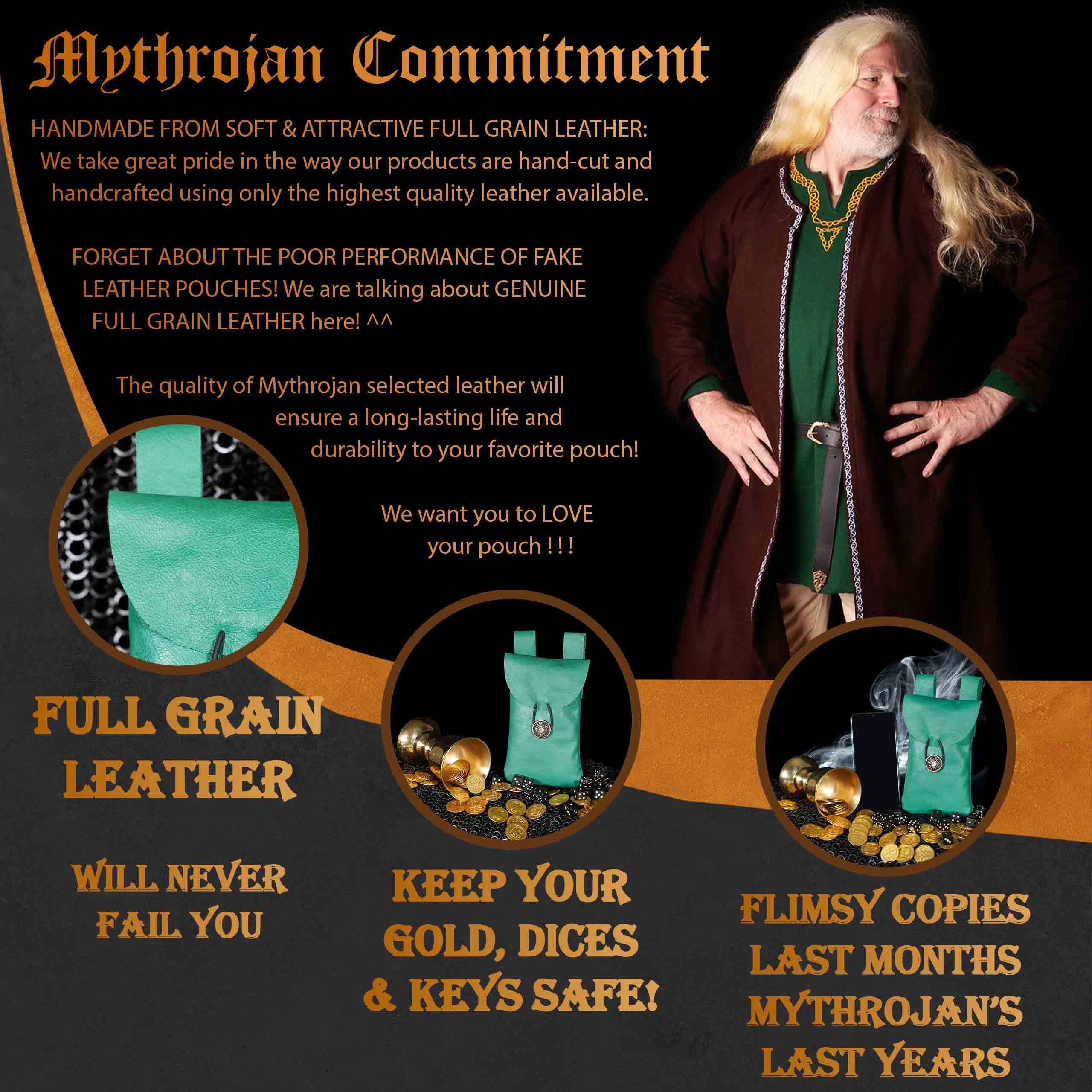 Mythrojan Leather Belt Bag, Ideal for SCA LARP Reenactment & Ren fair, Full Grain Leather, Green , 7.2 ”× 4.7 ”