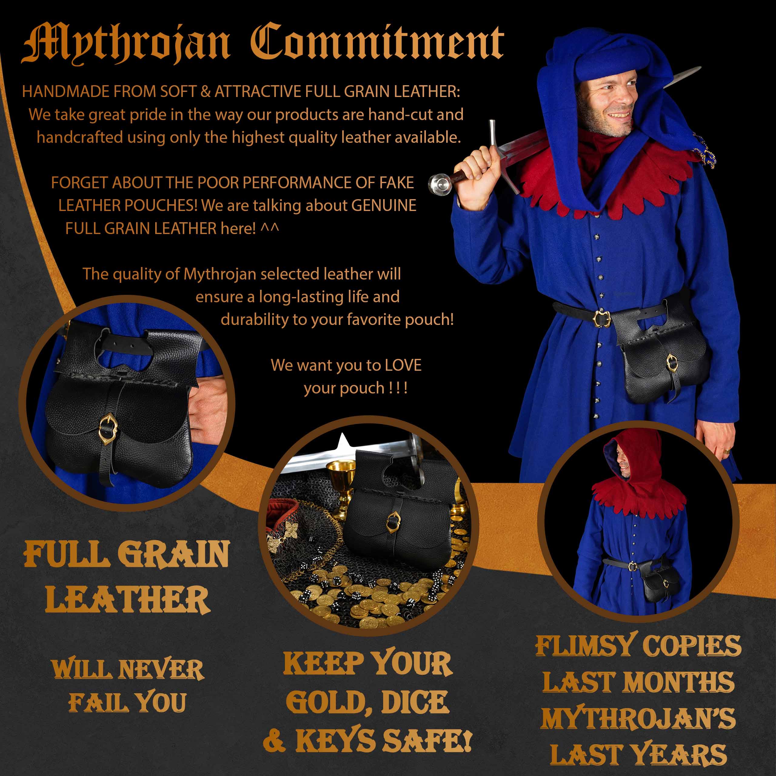 Mythrojan Classic Medieval Belt Bag with Solid Brass Buckle, Ideal for SCA LARP Reenactment & Ren Fair, Full Grain Leather, Black 8.5”×9”