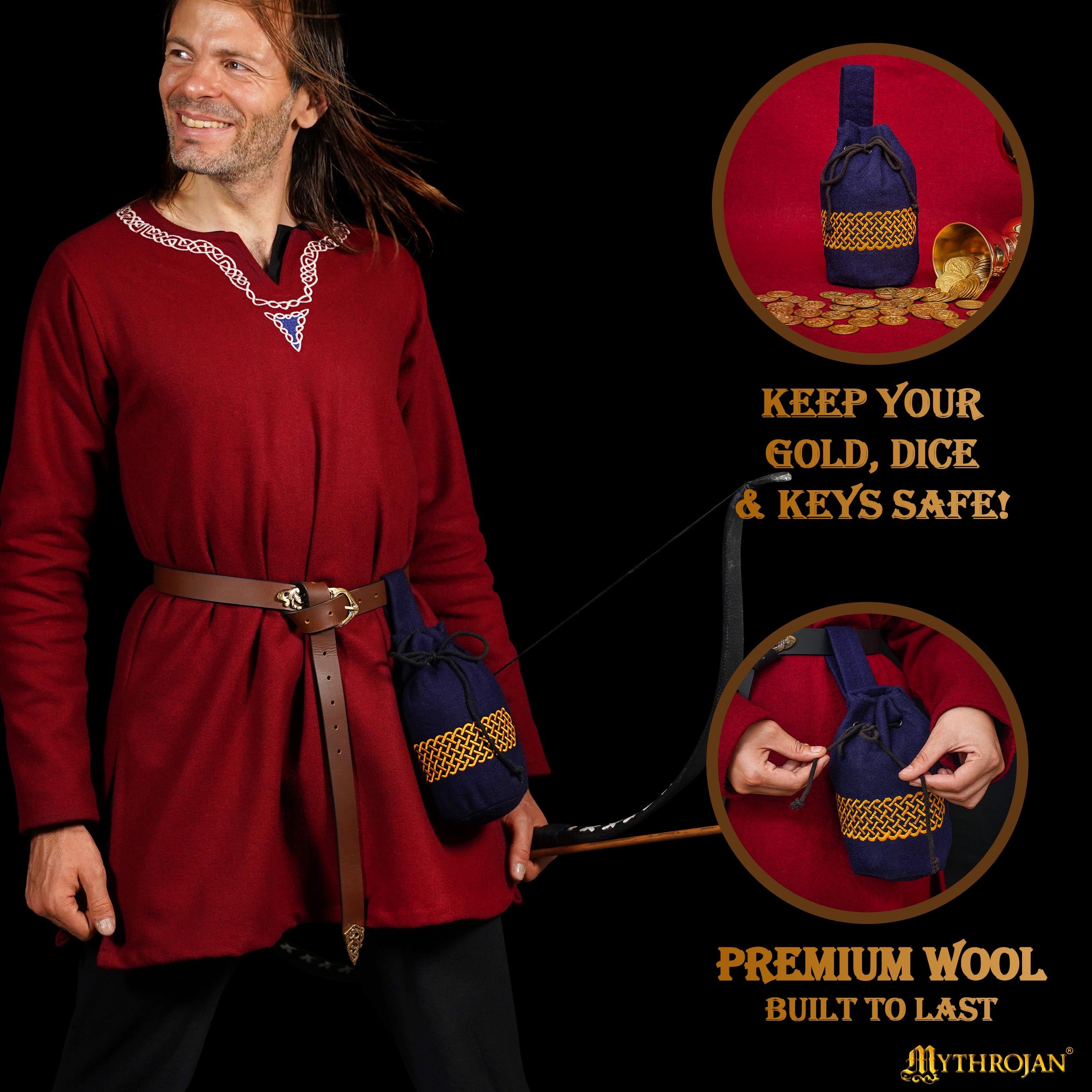 Mythrojan Embroidered Wool Drawstring Belt Pouch: Medieval Viking Celtic Bag Costume Accessories Coin Purse, 8” × 6.5”