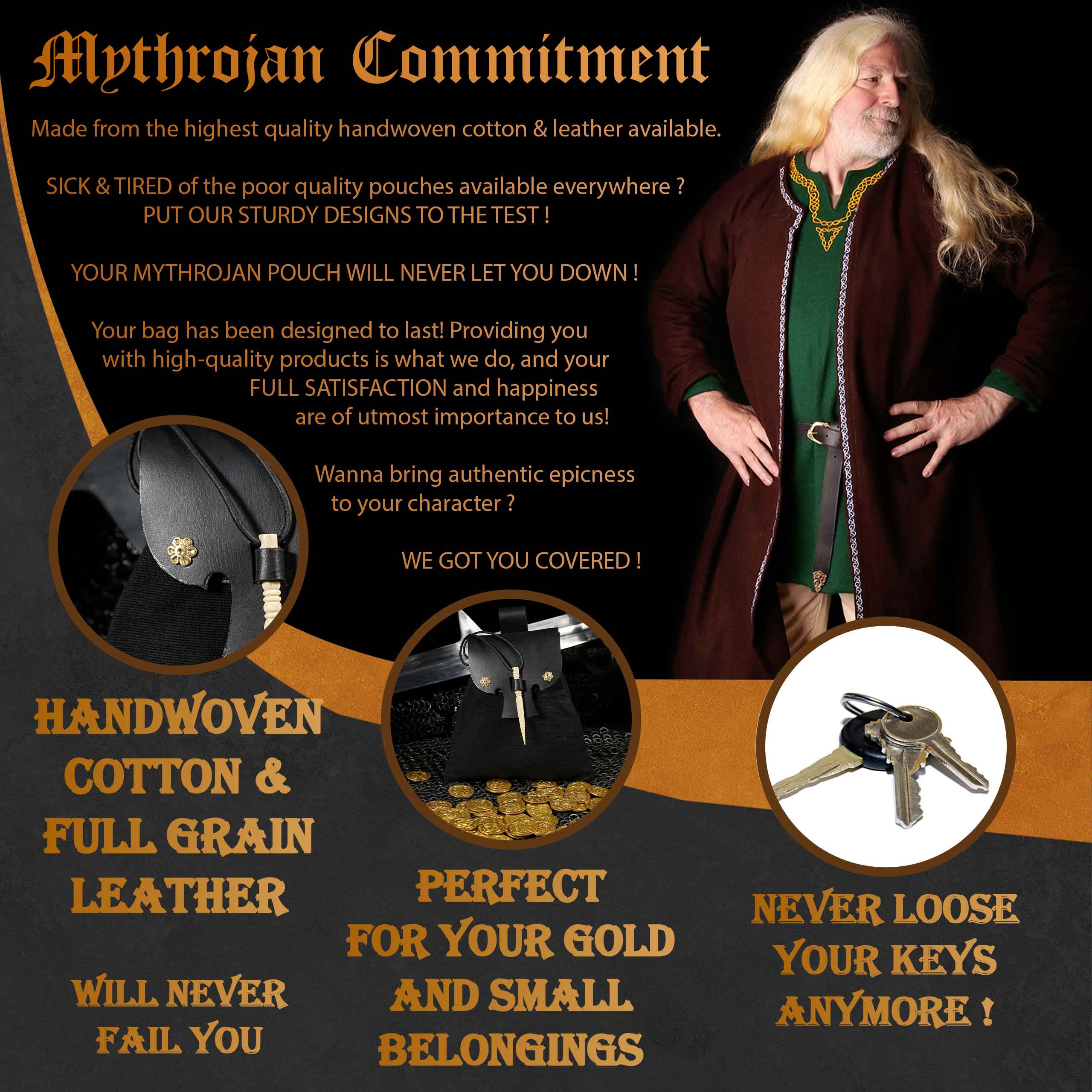 Mythrojan “Gold and Dice” Medieval Fantasy Belt Bag with Bone Needle Closure, Ideal for SCA LARP Reenactment & Ren fair, Black, 7”×7”