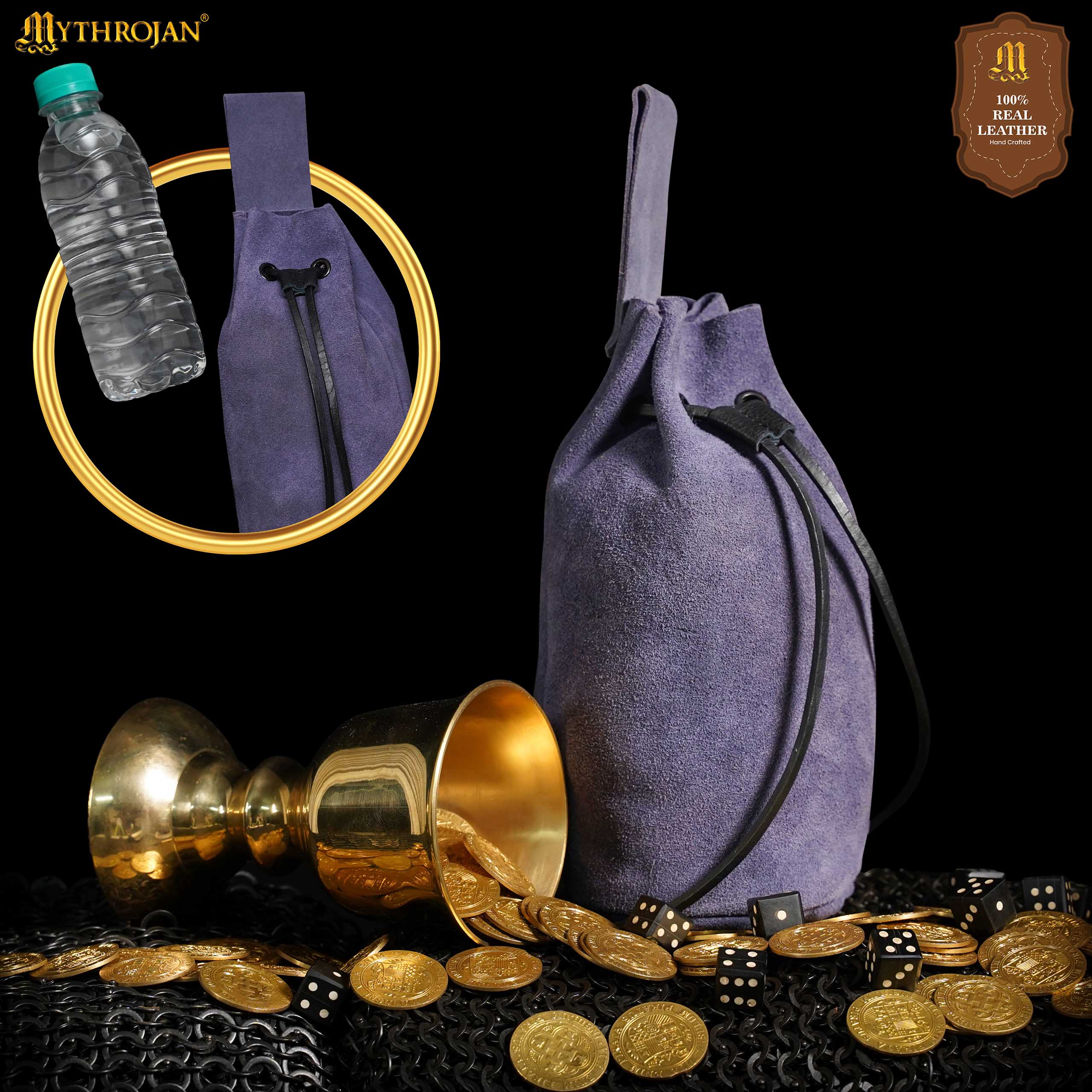 Mythrojan Medieval Drawstring Belt Bag, Ideal for SCA LARP Reenactment & Ren Fair, Suede Leather, Dark Blue, 8”×6.5”