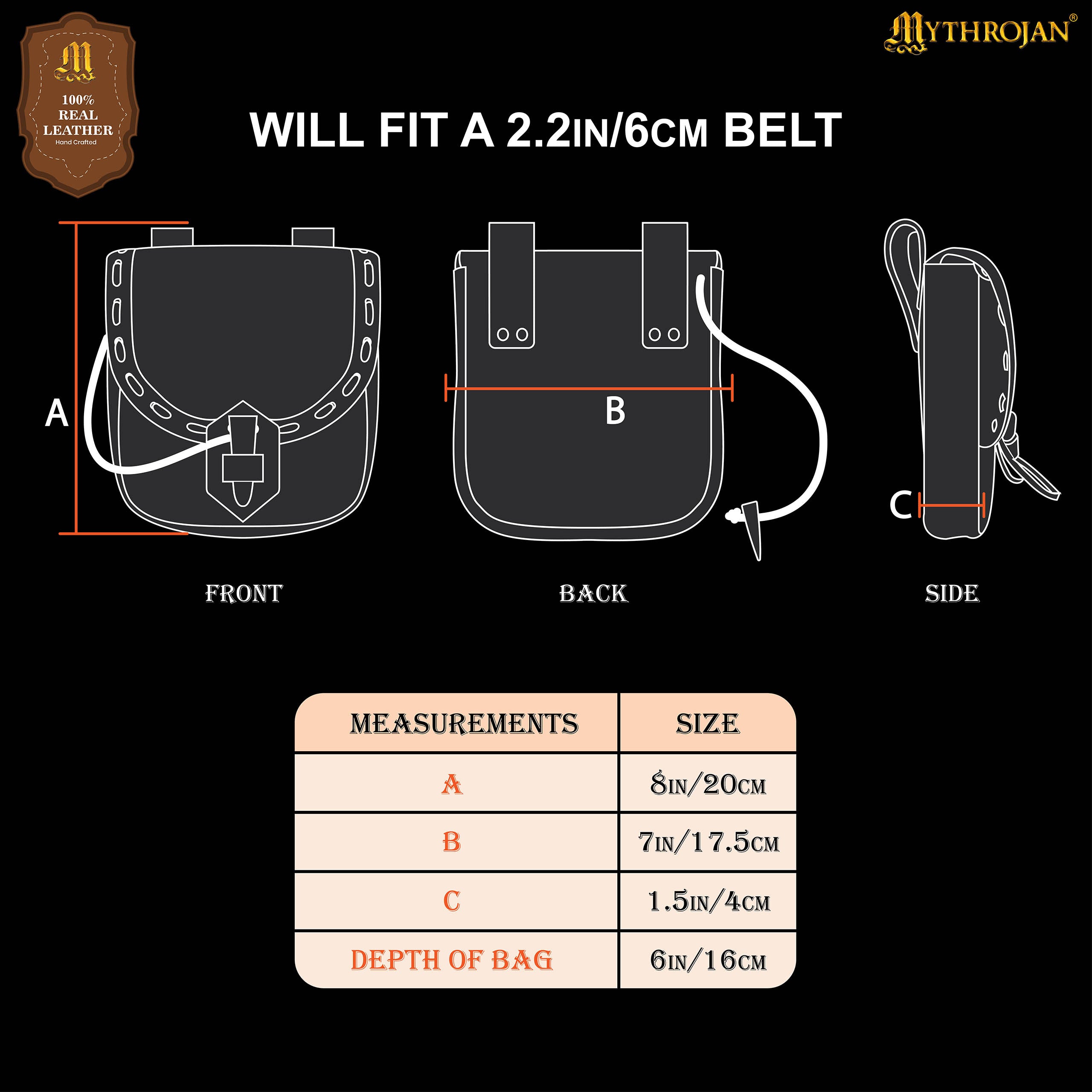 Mythrojan “The Adventurer’s” Belt Bag with Horn Toggle, ideal for SCA LARP reenactment & Ren fair, Full Grain Leather, Black 7”